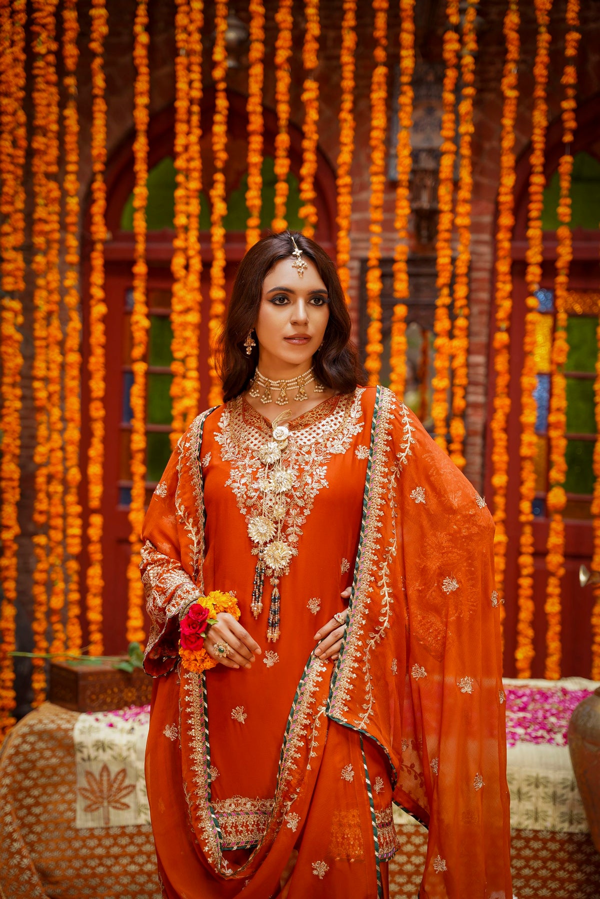 Rust Orange Heavy Embroidered Festive Suit