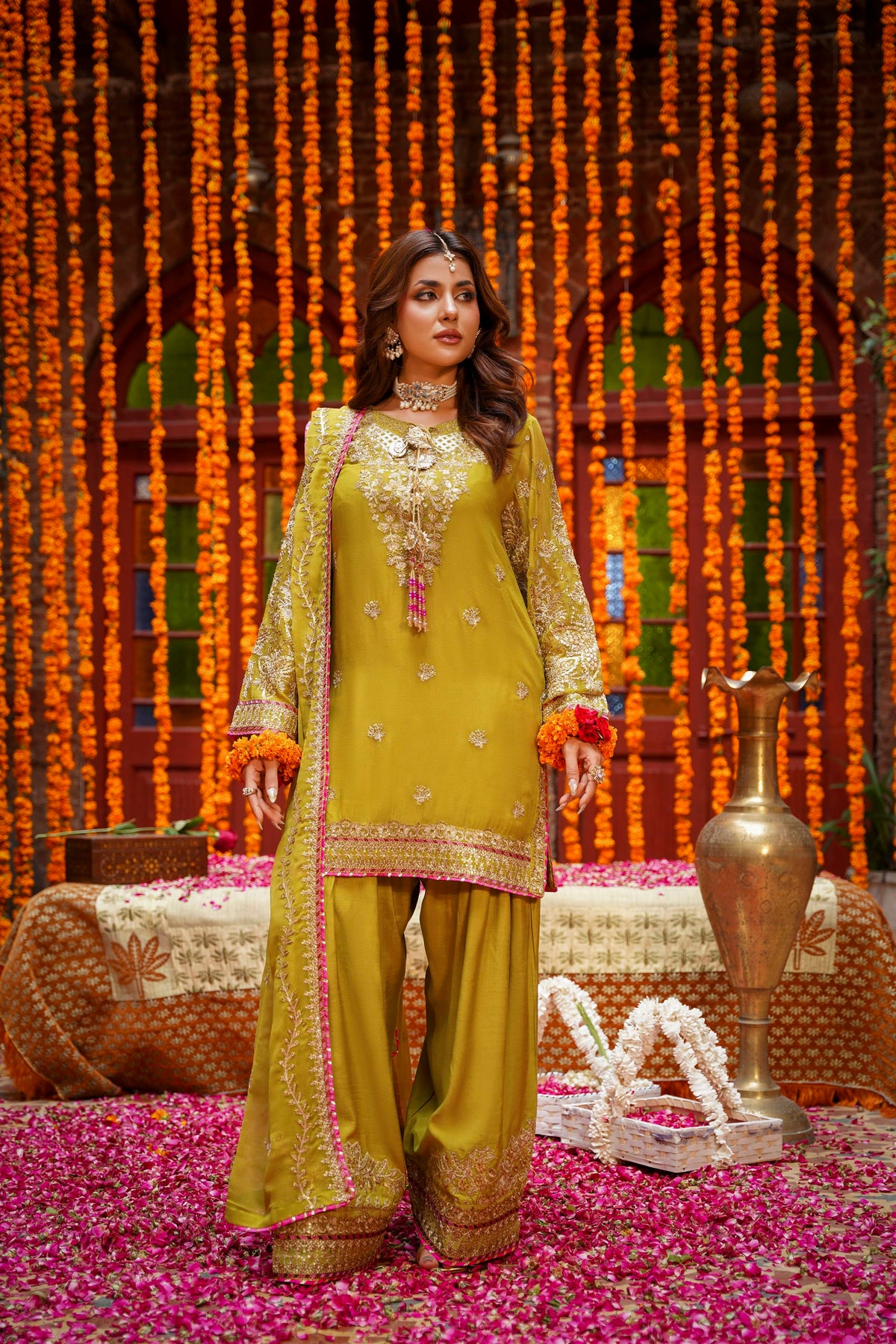 Mustard Raw Silk Embroidered Festive Suit with Pink Contrast