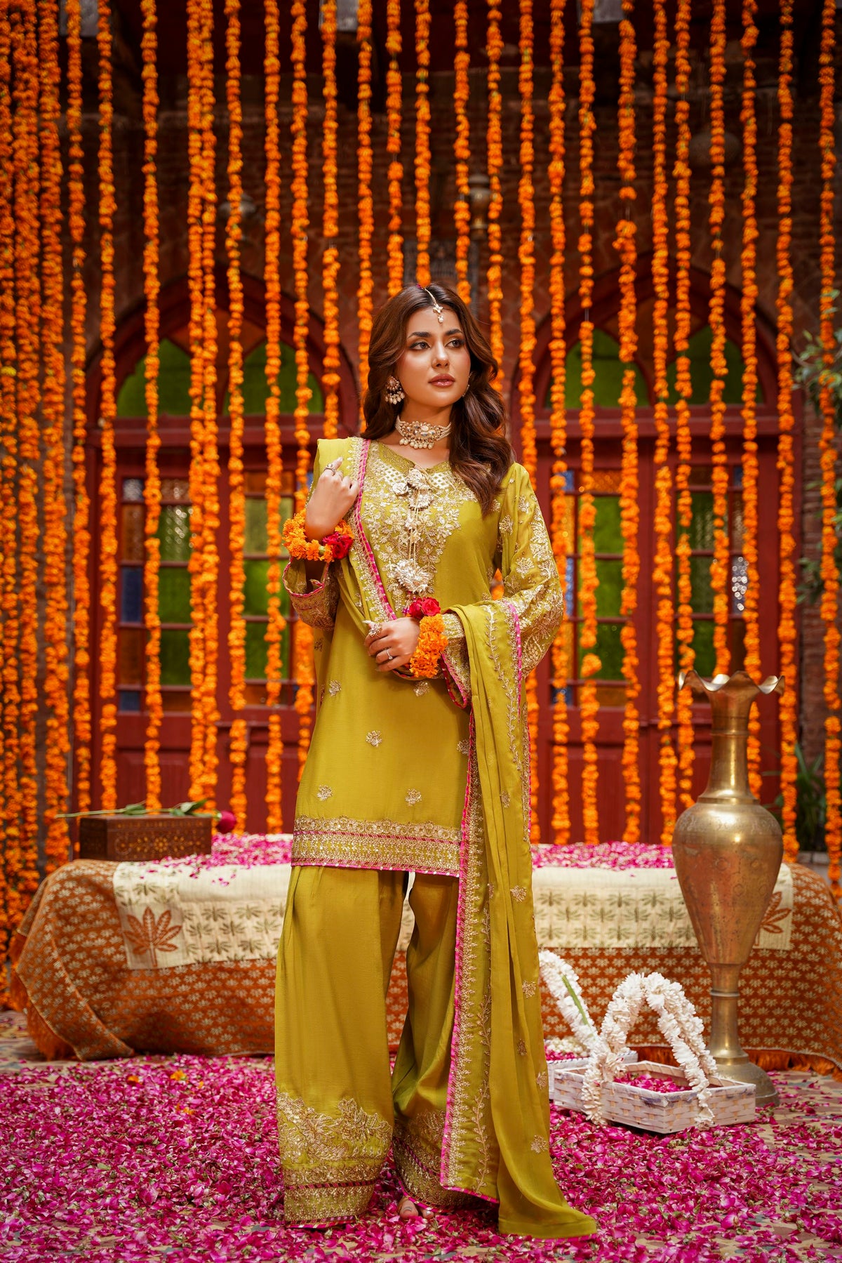 Mustard Raw Silk Embroidered Festive Suit with Pink Contrast