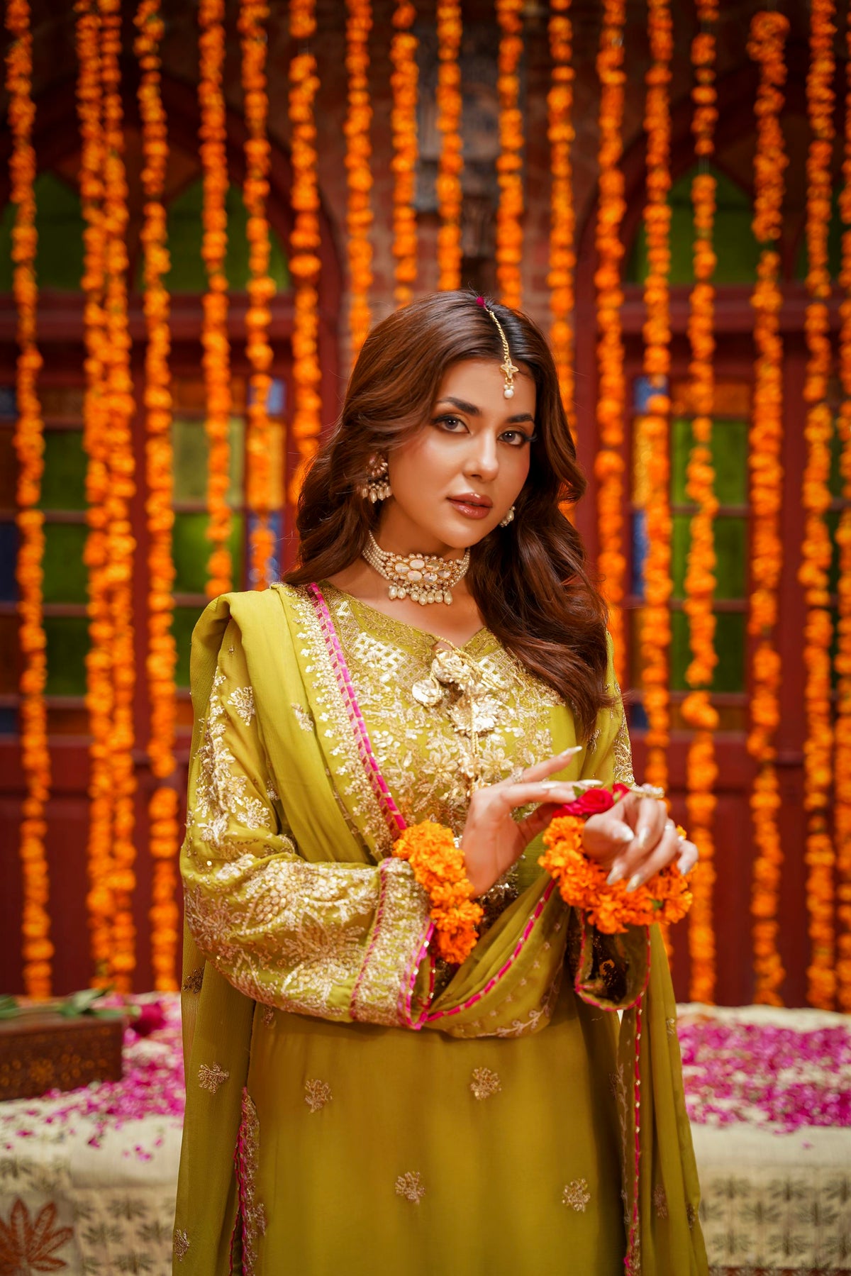 Mustard Raw Silk Embroidered Festive Suit with Pink Contrast