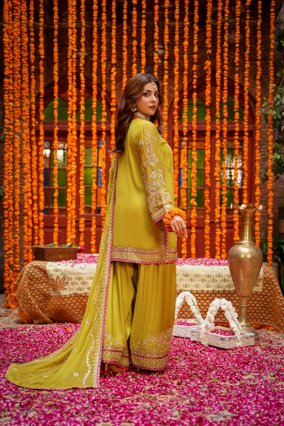 Mustard Raw Silk Embroidered Festive Suit with Pink Contrast