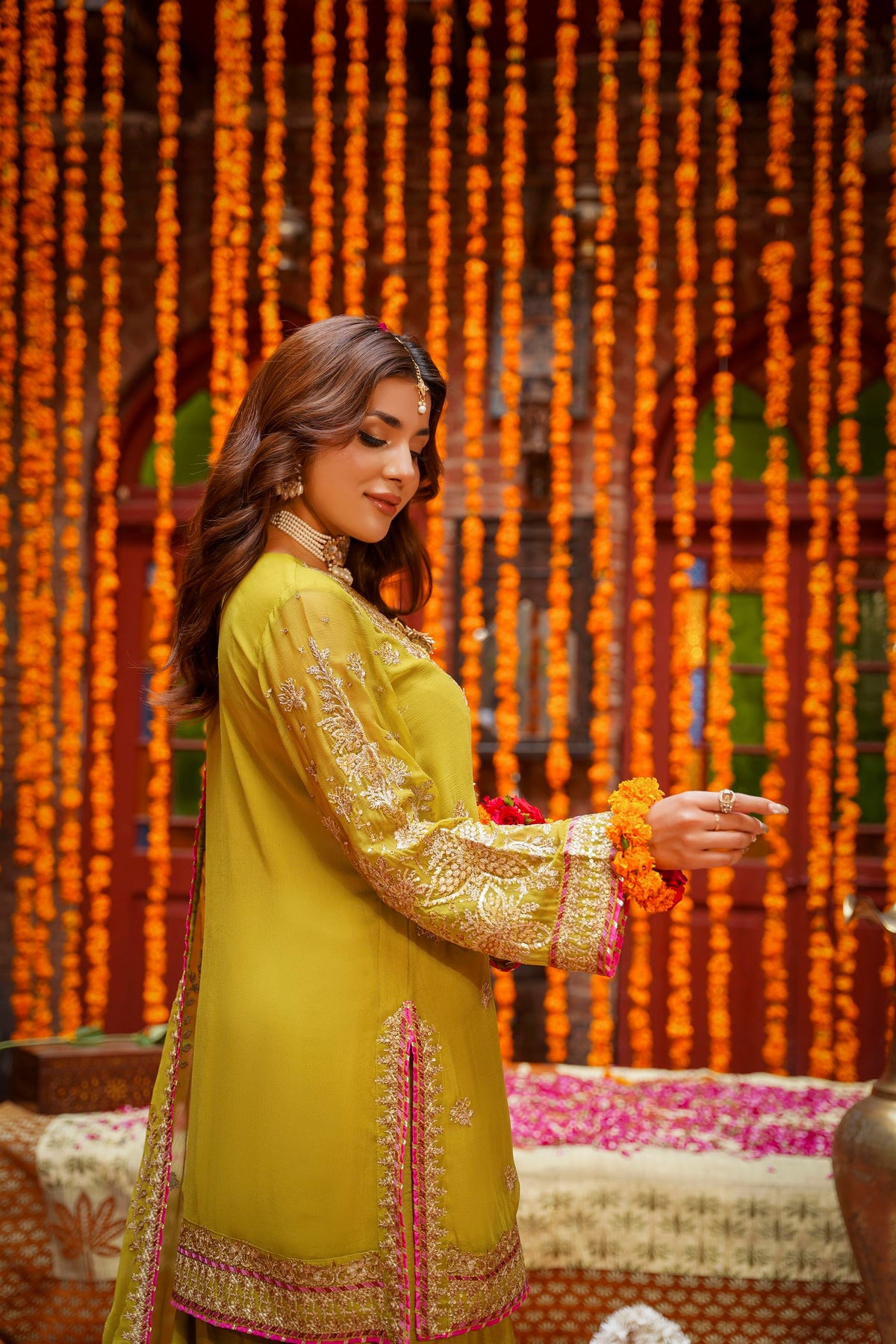 Mustard Raw Silk Embroidered Festive Suit with Pink Contrast