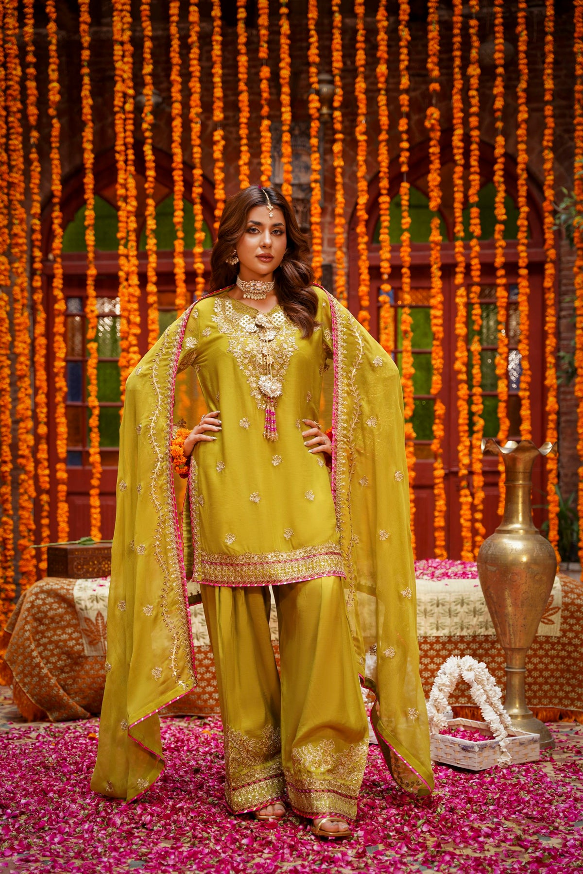 Mustard Raw Silk Embroidered Festive Suit with Pink Contrast