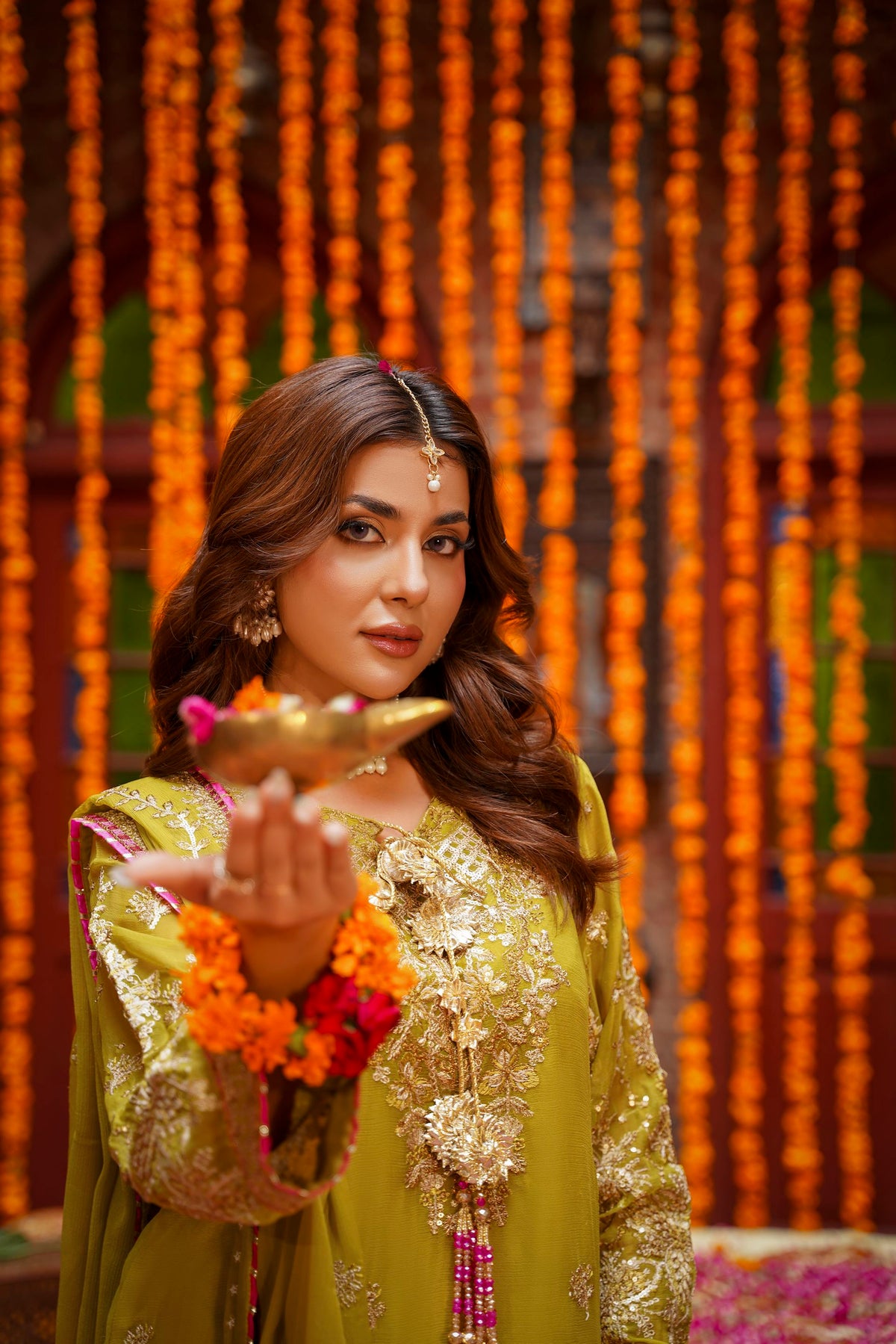 Mustard Raw Silk Embroidered Festive Suit with Pink Contrast