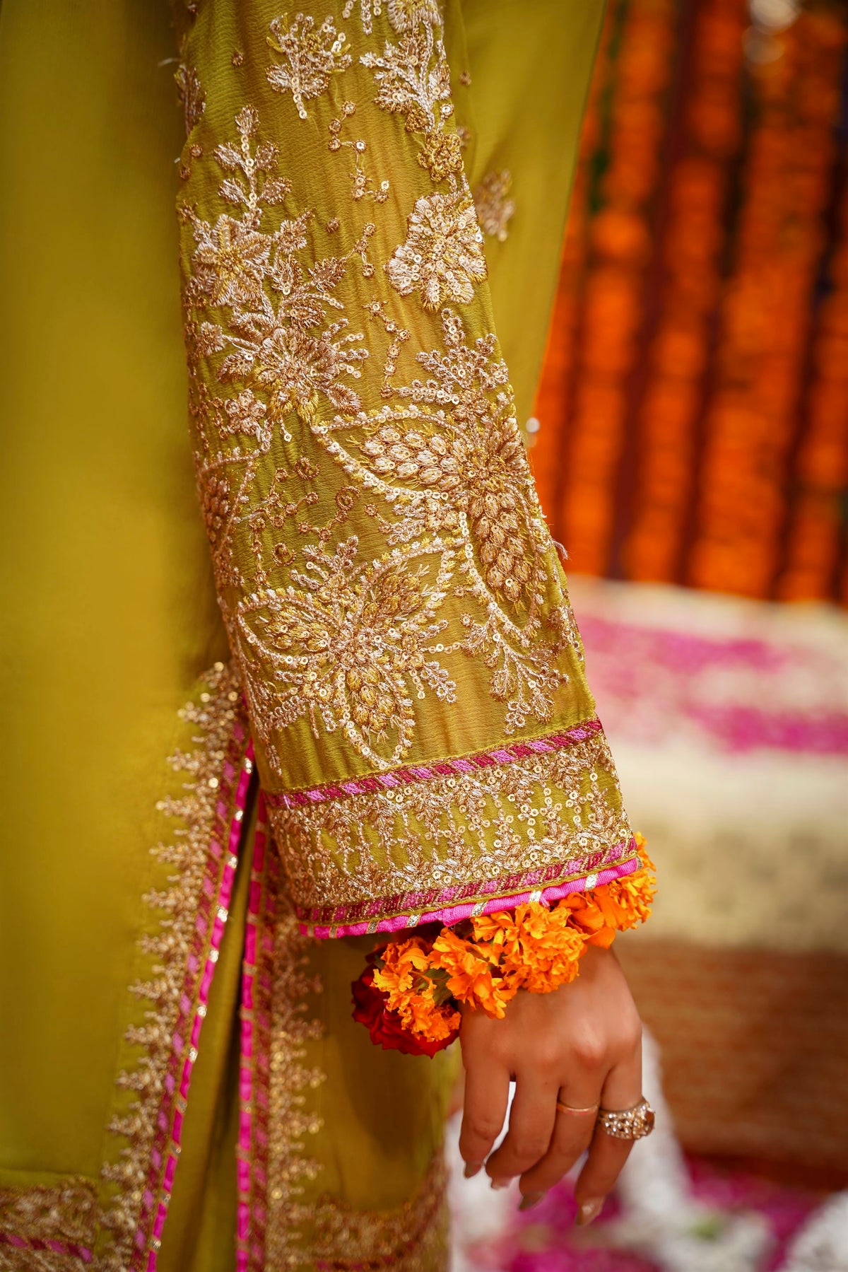 Mustard Raw Silk Embroidered Festive Suit with Pink Contrast