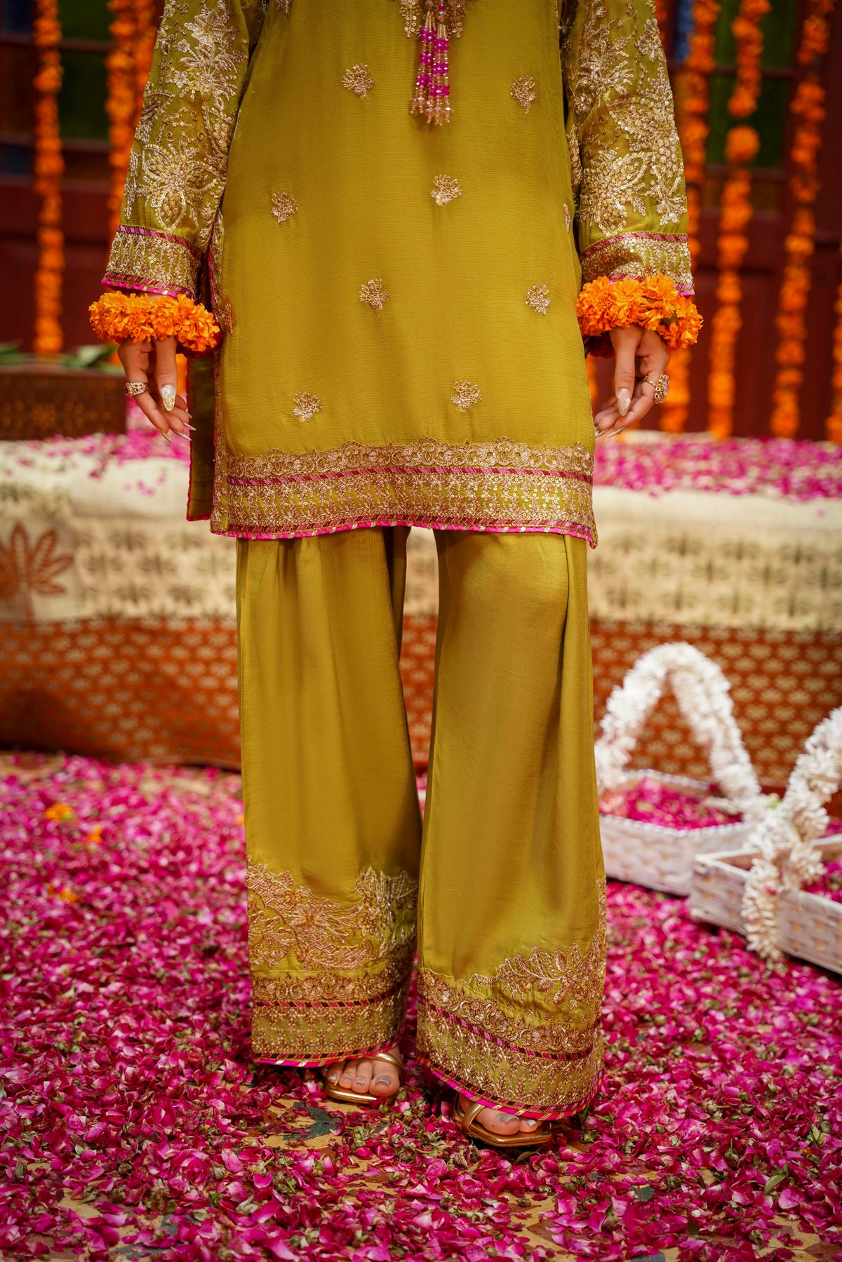 Mustard Raw Silk Embroidered Festive Suit with Pink Contrast