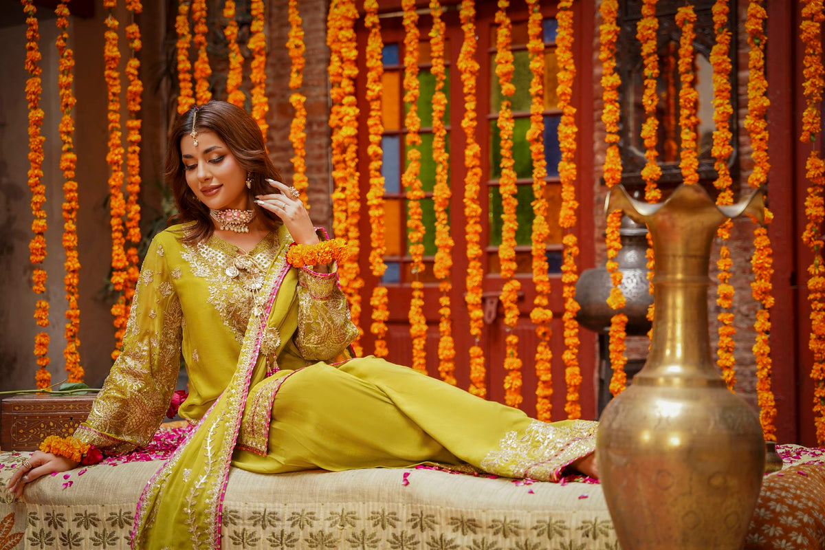 Mustard Raw Silk Embroidered Festive Suit with Pink Contrast