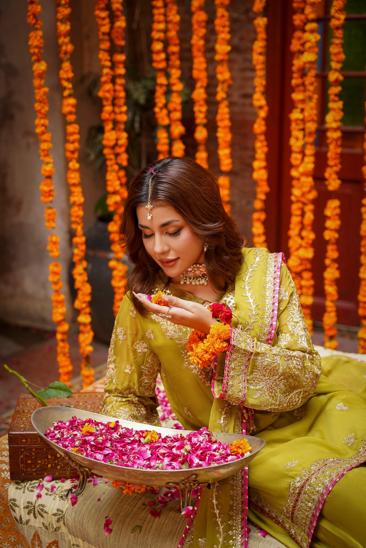 Mustard Raw Silk Embroidered Festive Suit with Pink Contrast