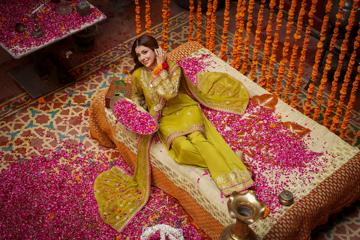 Mustard Raw Silk Embroidered Festive Suit with Pink Contrast