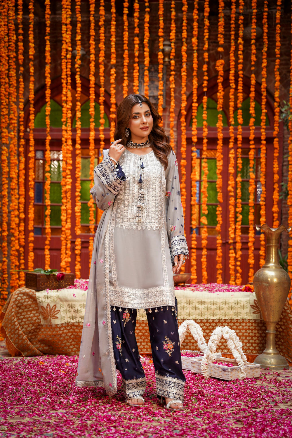 Grey & Navy Blue Embroidered Festive Suit