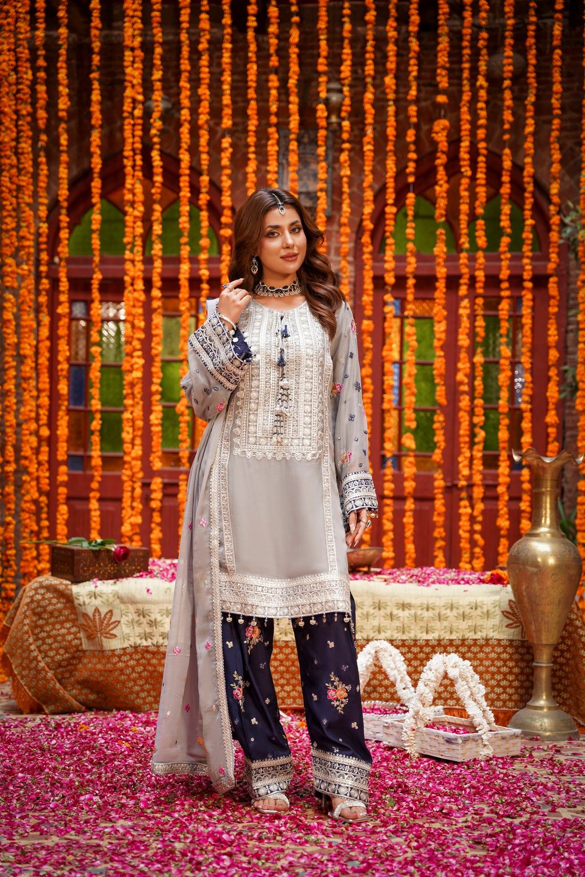 Grey & Navy Blue Embroidered Festive Suit