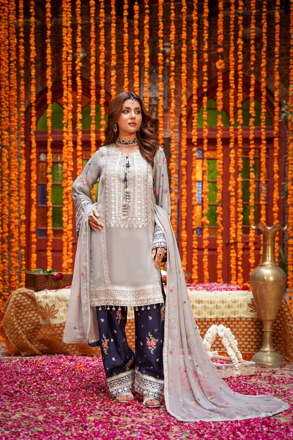 Grey & Navy Blue Embroidered Festive Suit