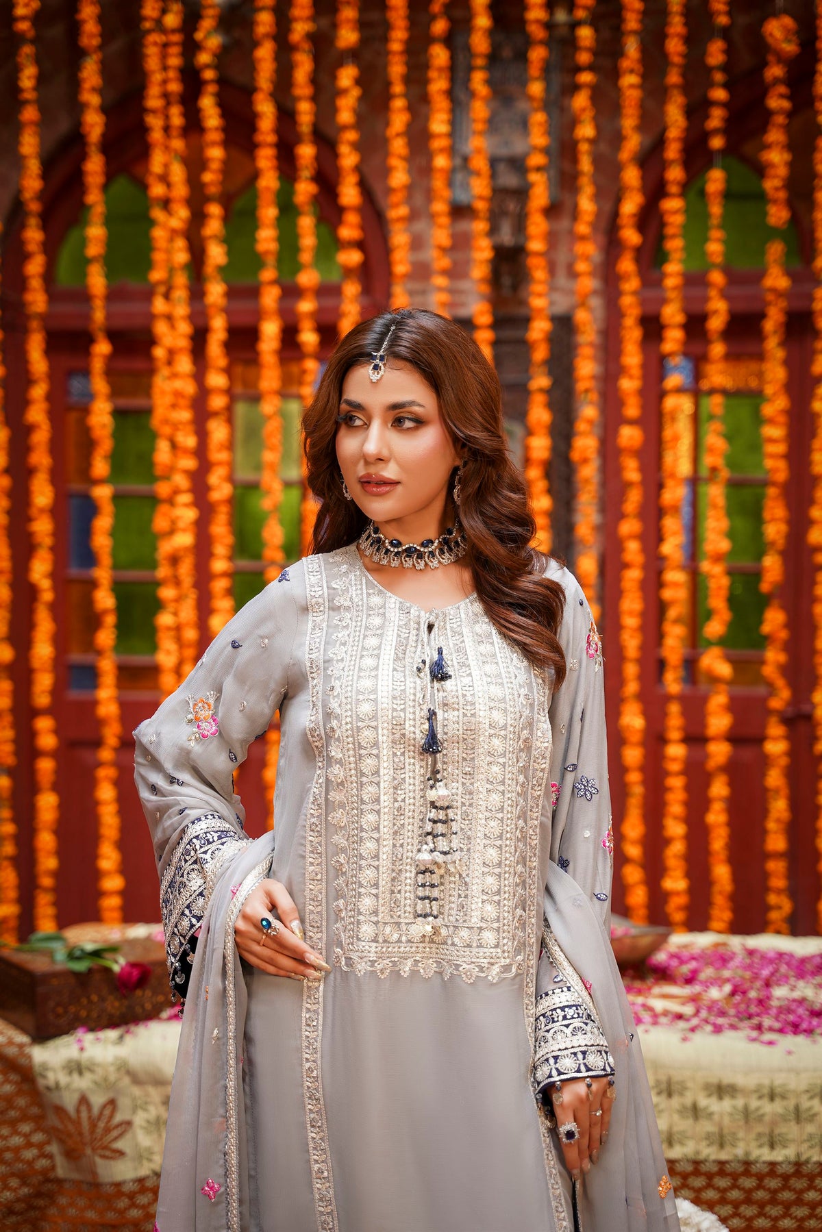 Grey & Navy Blue Embroidered Festive Suit