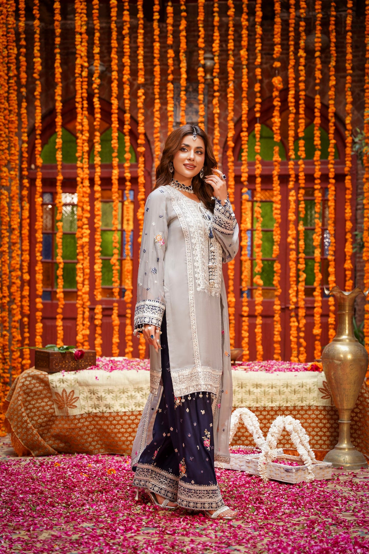Grey & Navy Blue Embroidered Festive Suit