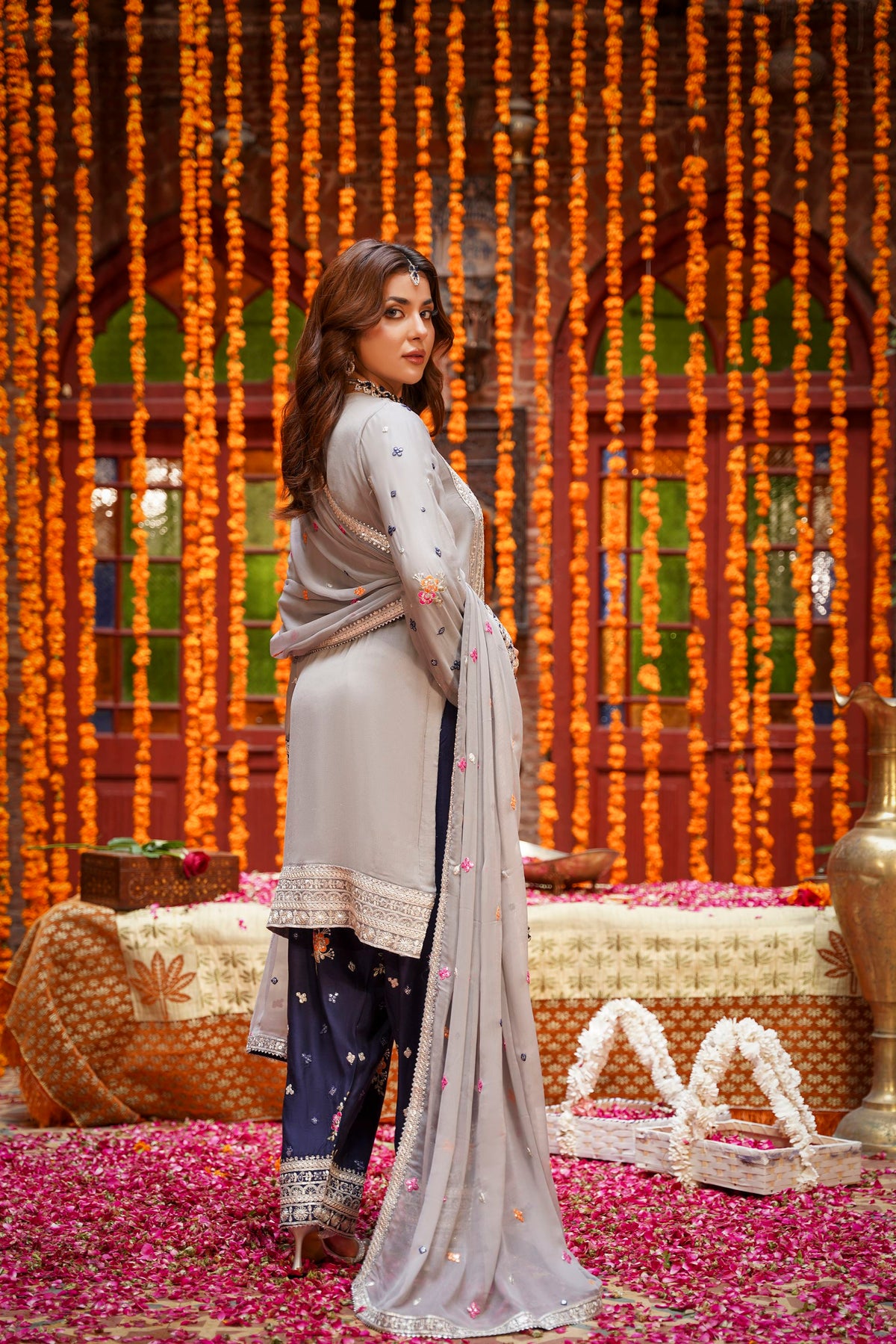 Grey & Navy Blue Embroidered Festive Suit