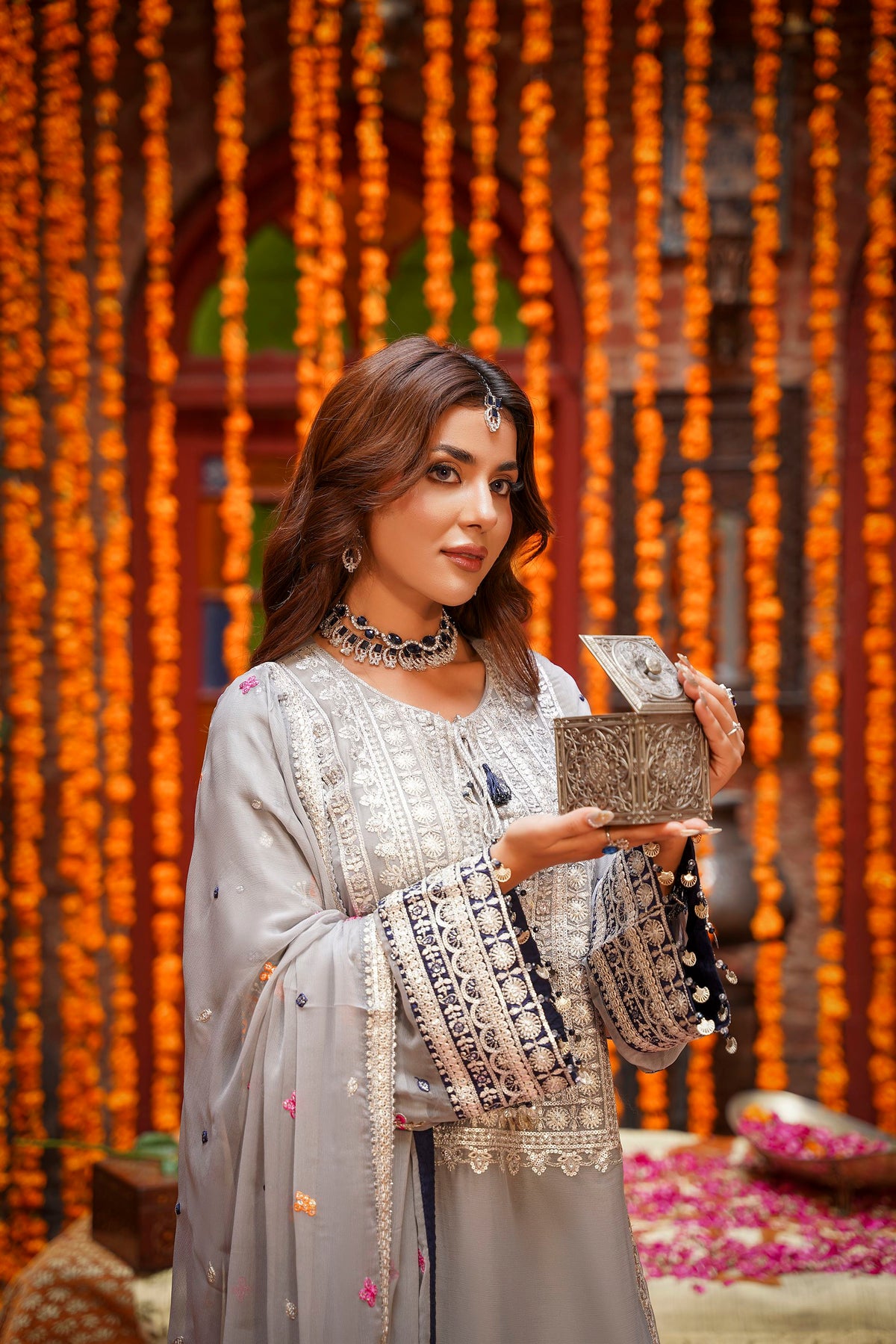 Grey & Navy Blue Embroidered Festive Suit