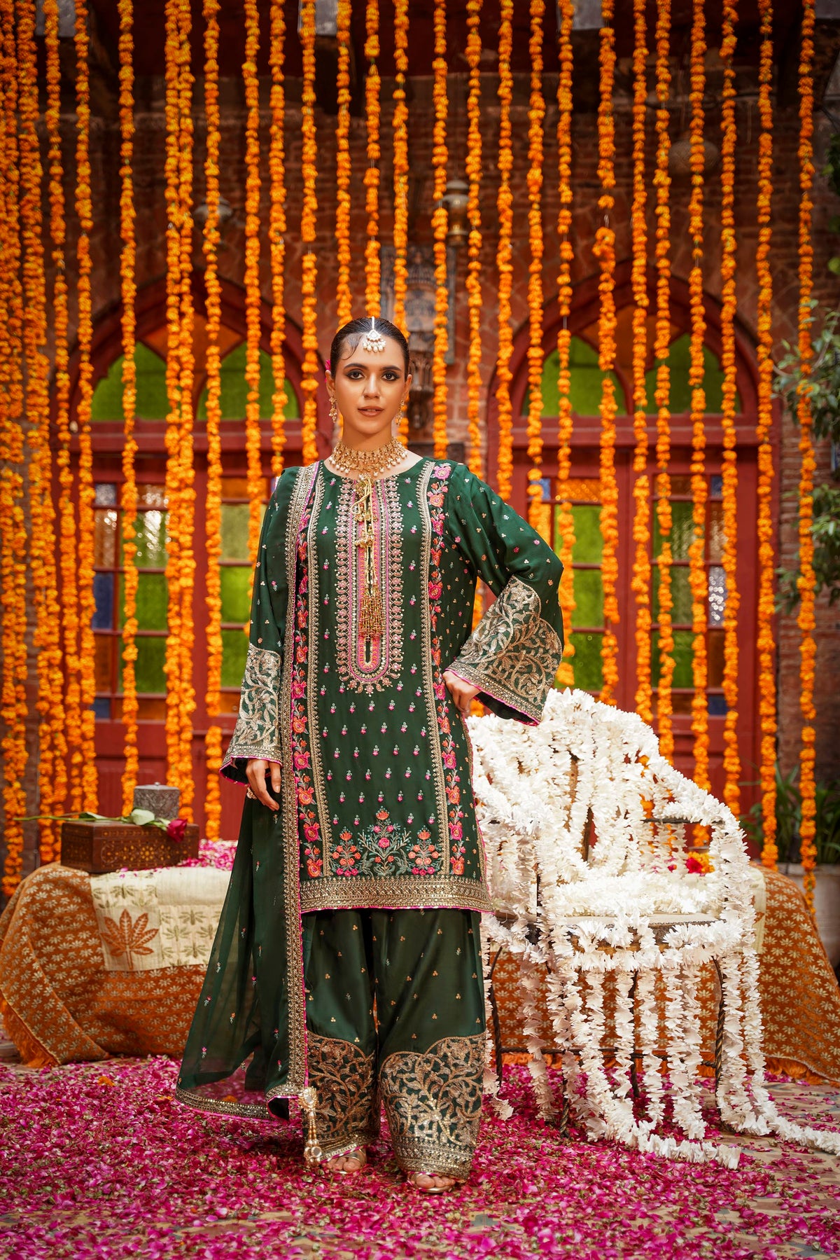 Bottle Green Embroidered Festive Suit with Pink Accents
