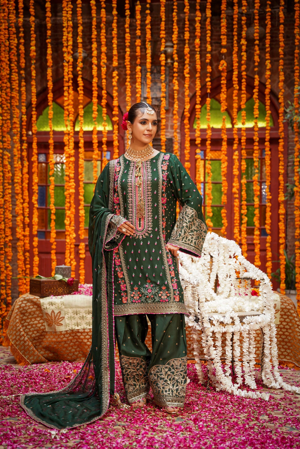 Bottle Green Embroidered Festive Suit with Pink Accents