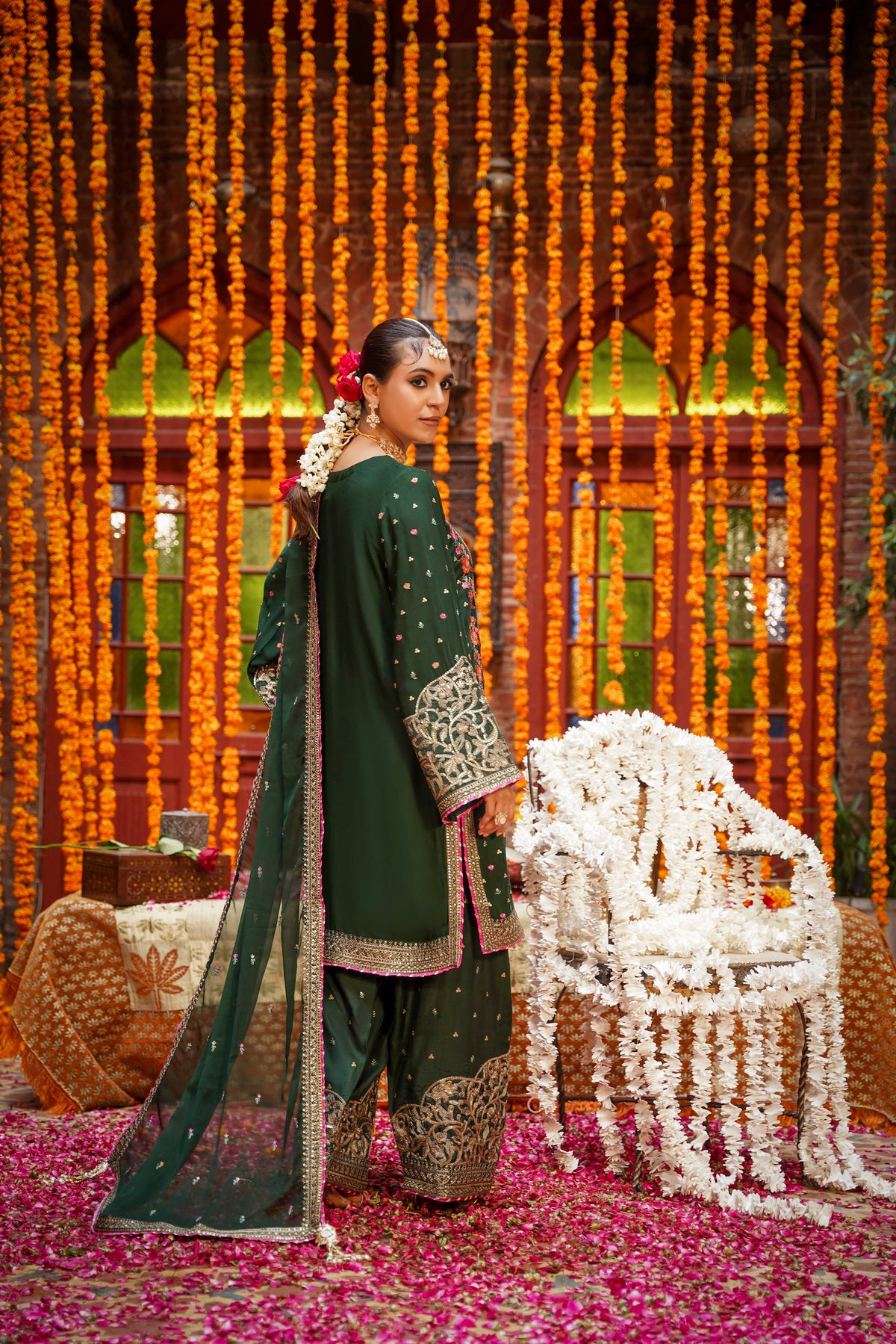 Bottle Green Embroidered Festive Suit with Pink Accents