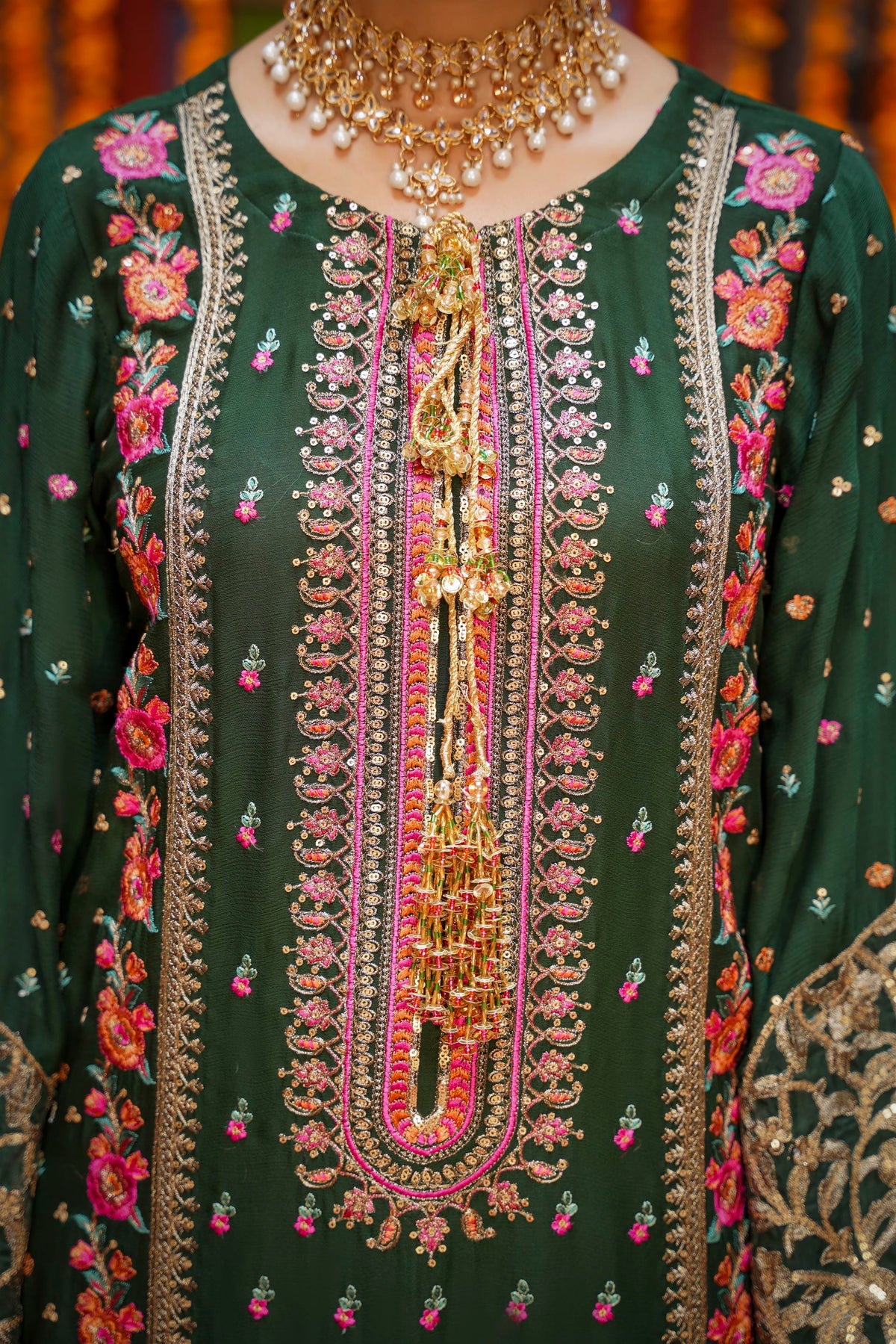 Bottle Green Embroidered Festive Suit with Pink Accents