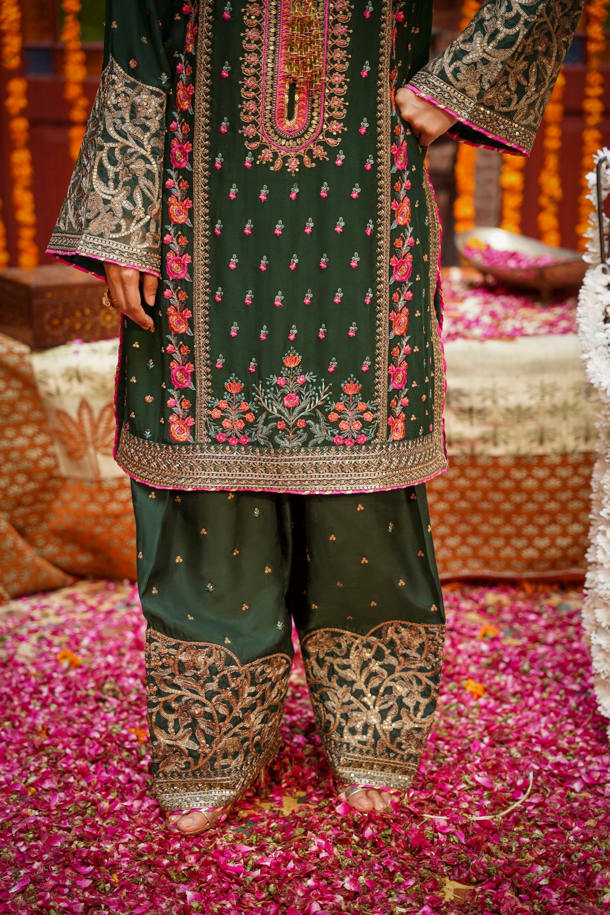 Bottle Green Embroidered Festive Suit with Pink Accents