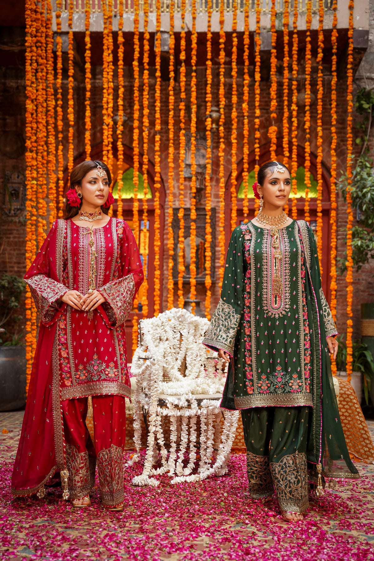 Bottle Green Embroidered Festive Suit with Pink Accents