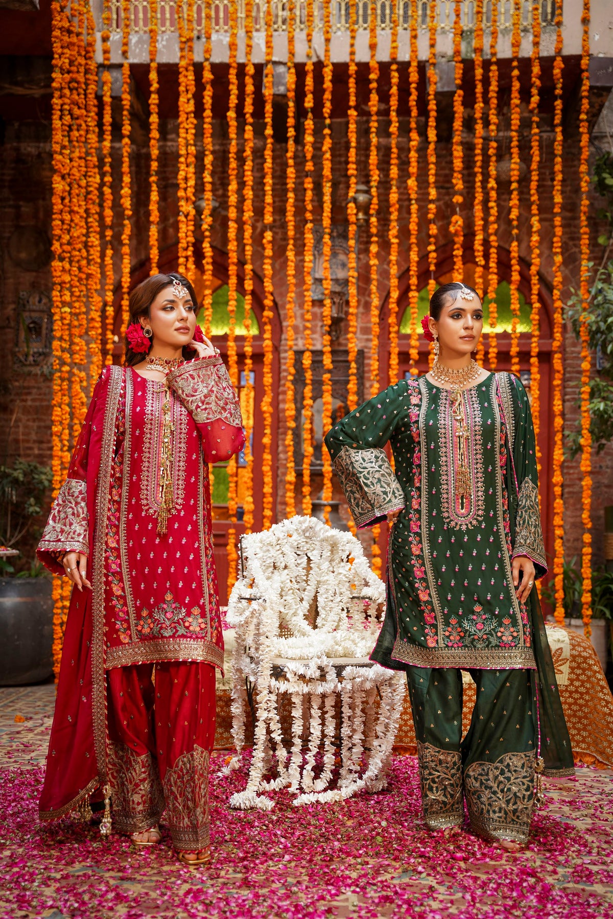 Bottle Green Embroidered Festive Suit with Pink Accents
