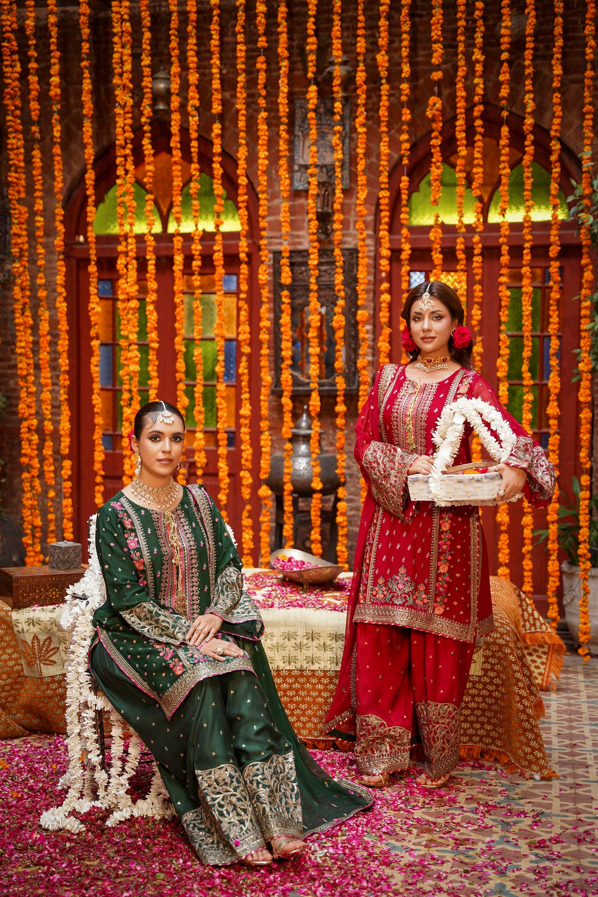 Bottle Green Embroidered Festive Suit with Pink Accents