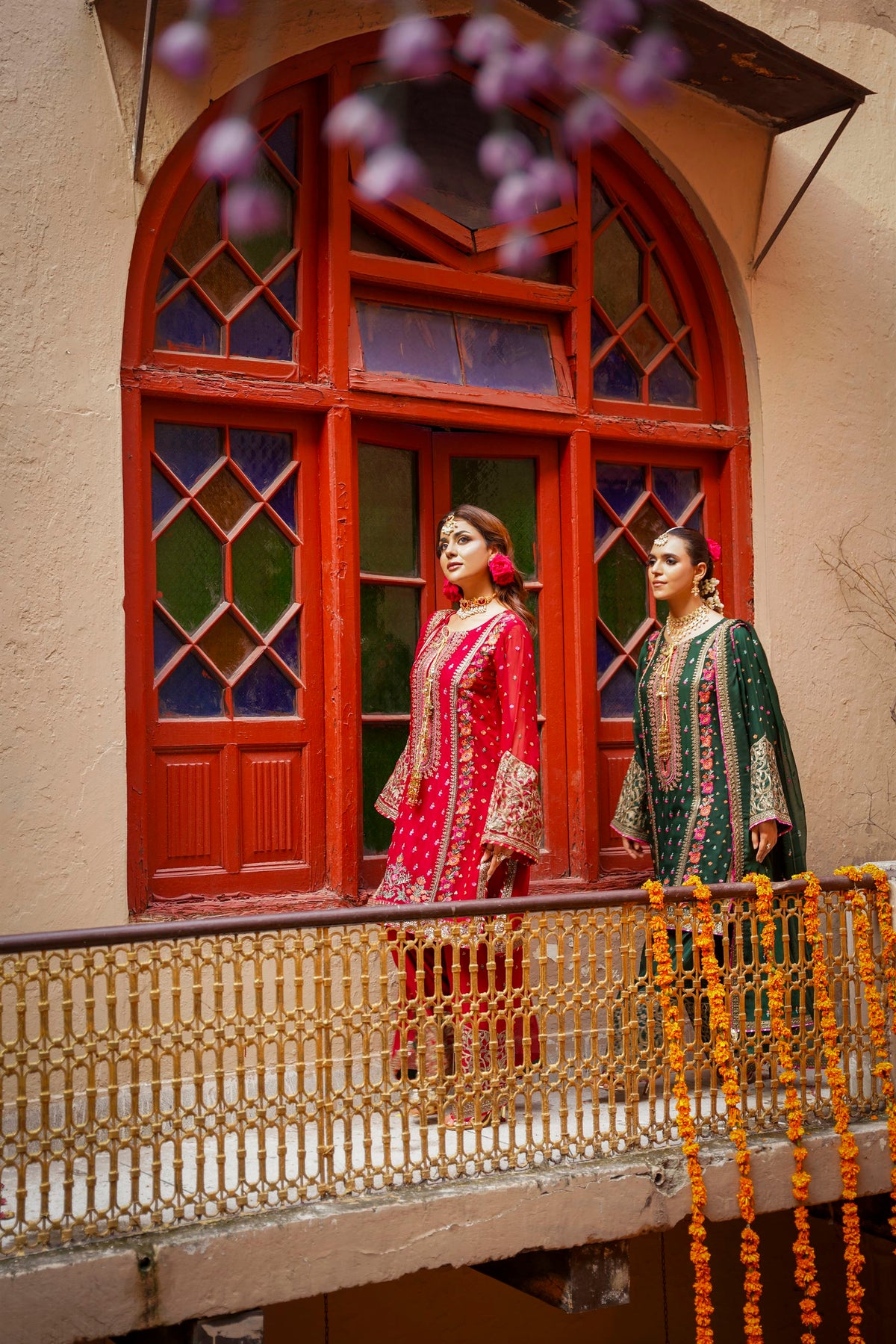Bottle Green Embroidered Festive Suit with Pink Accents