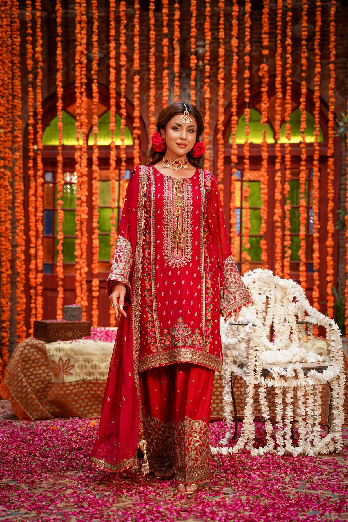 Crimson Red Embroidered Festive Suit with Palazzo