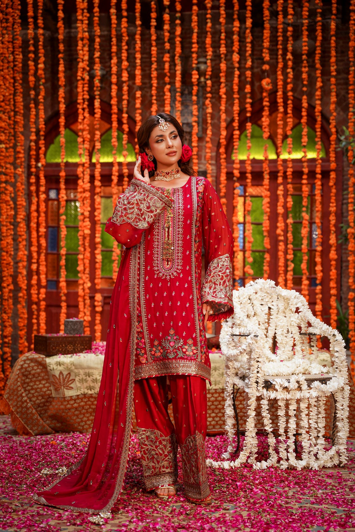 Crimson Red Embroidered Festive Suit with Palazzo