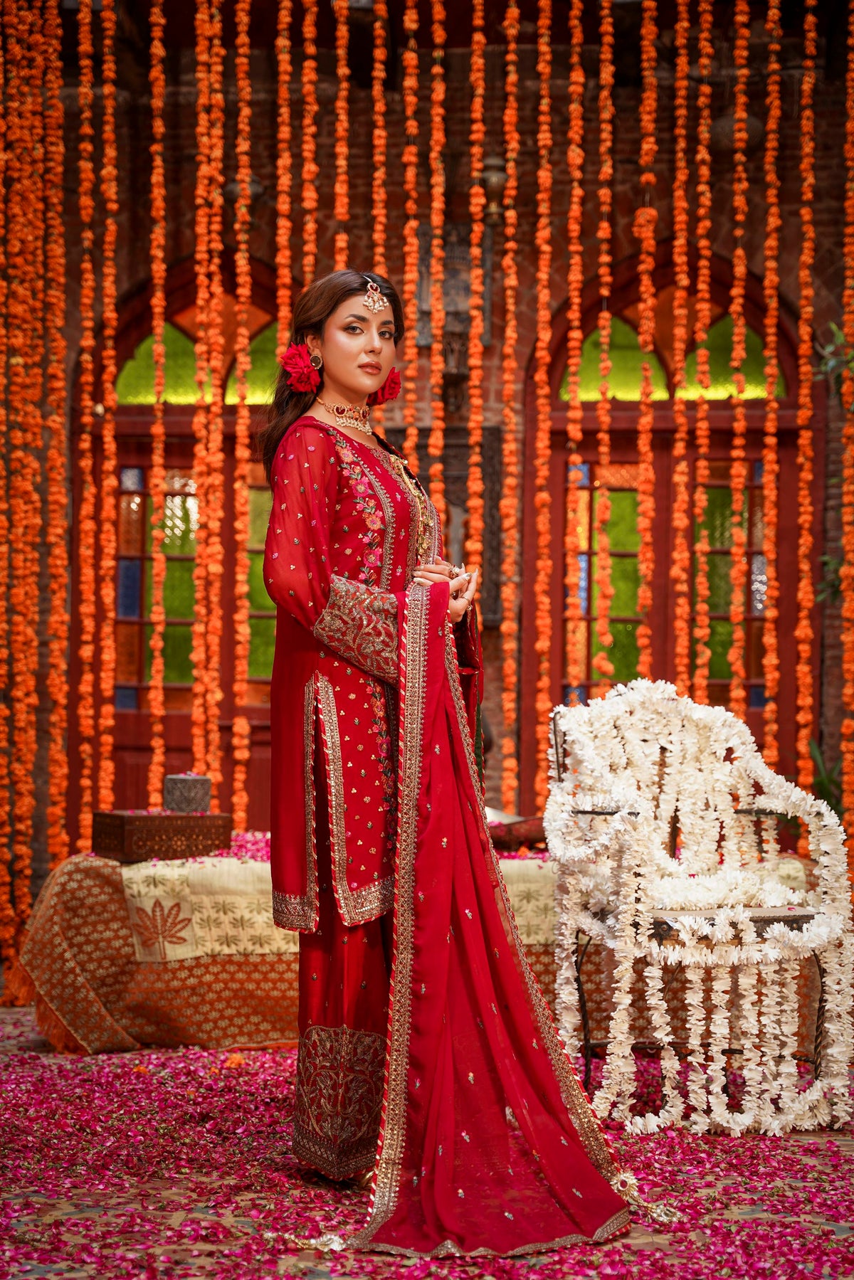 Crimson Red Embroidered Festive Suit with Palazzo