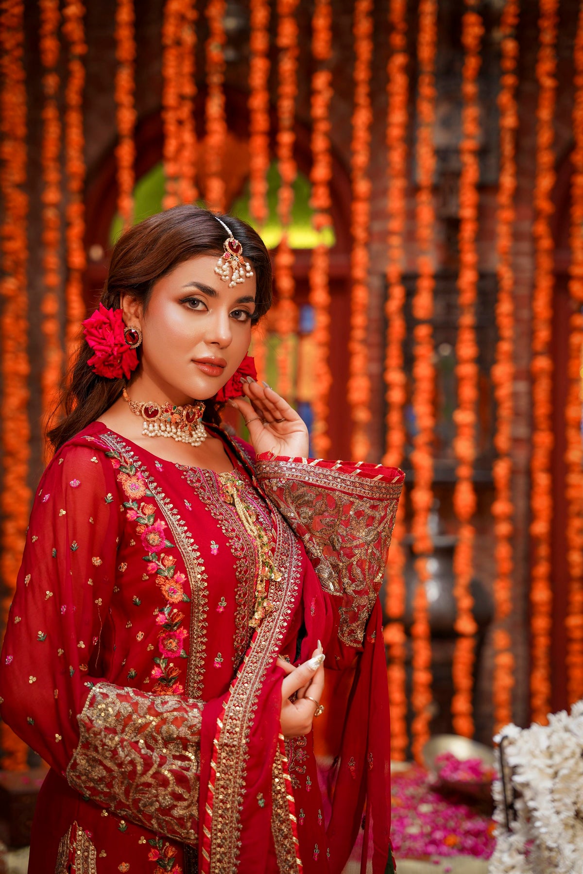 Crimson Red Embroidered Festive Suit with Palazzo