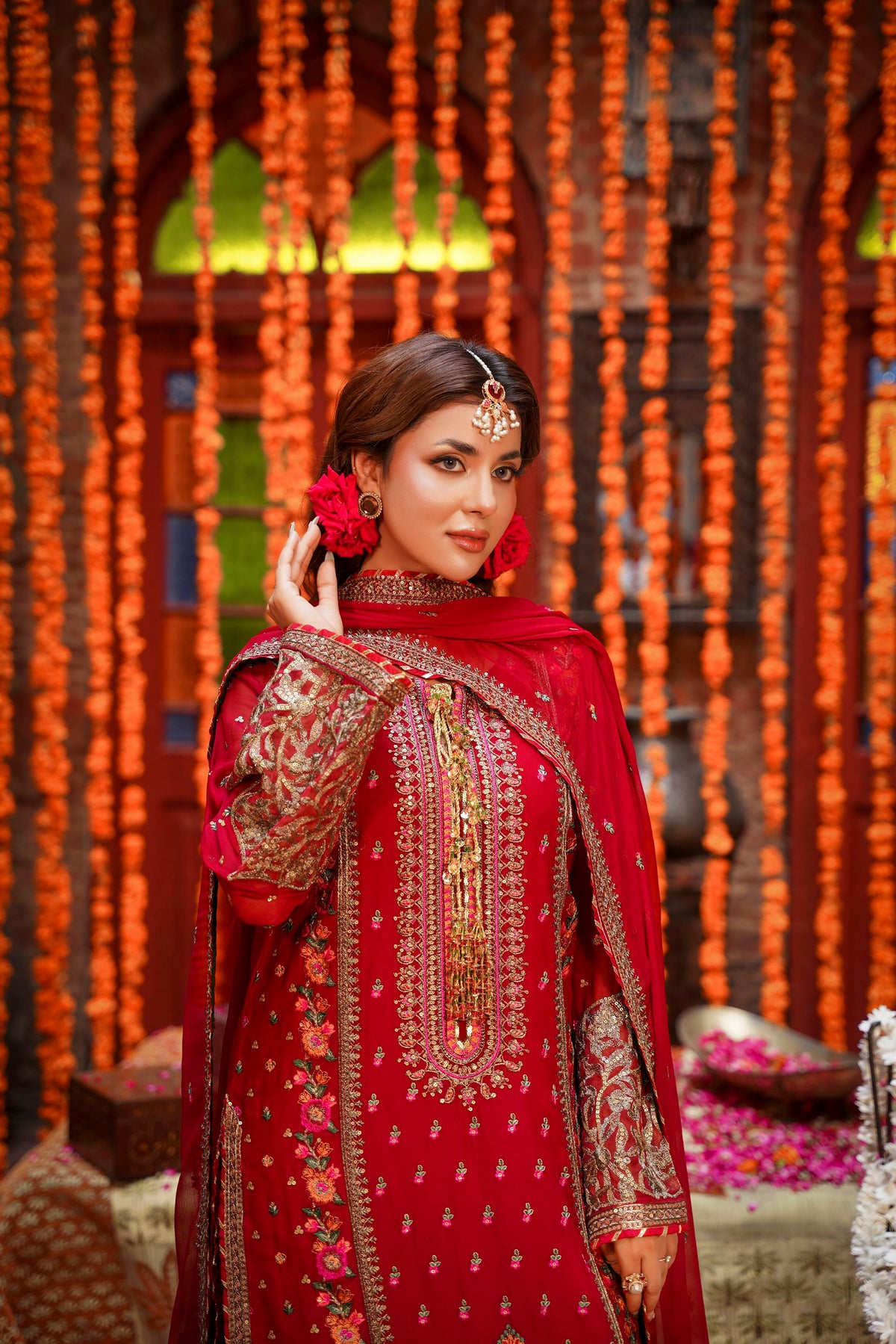 Crimson Red Embroidered Festive Suit with Palazzo