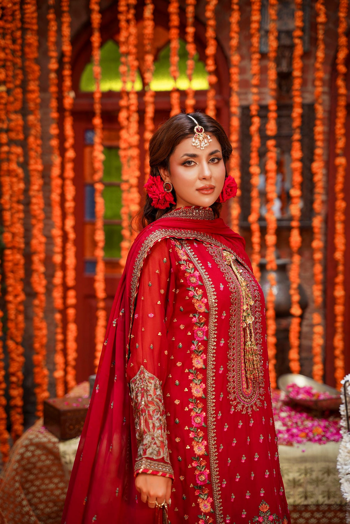 Crimson Red Embroidered Festive Suit with Palazzo