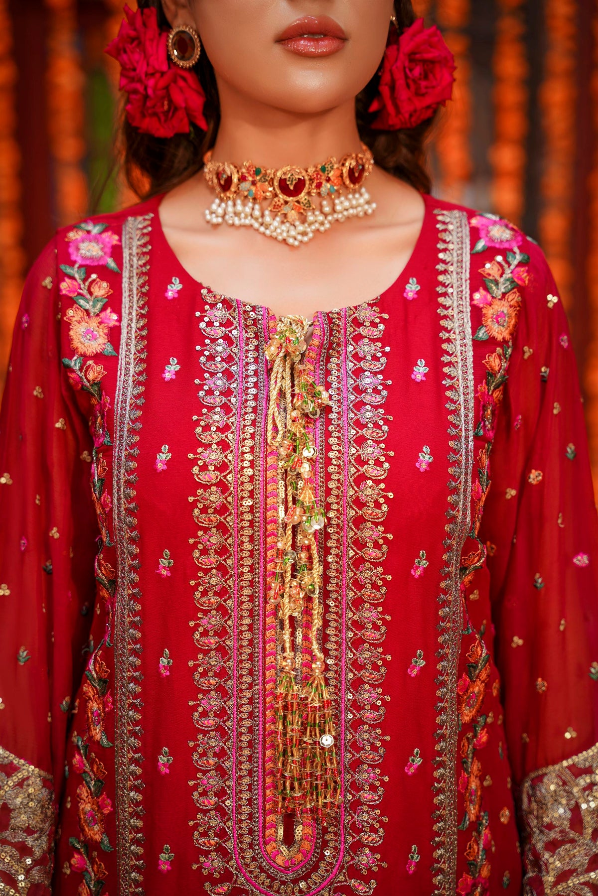 Crimson Red Embroidered Festive Suit with Palazzo