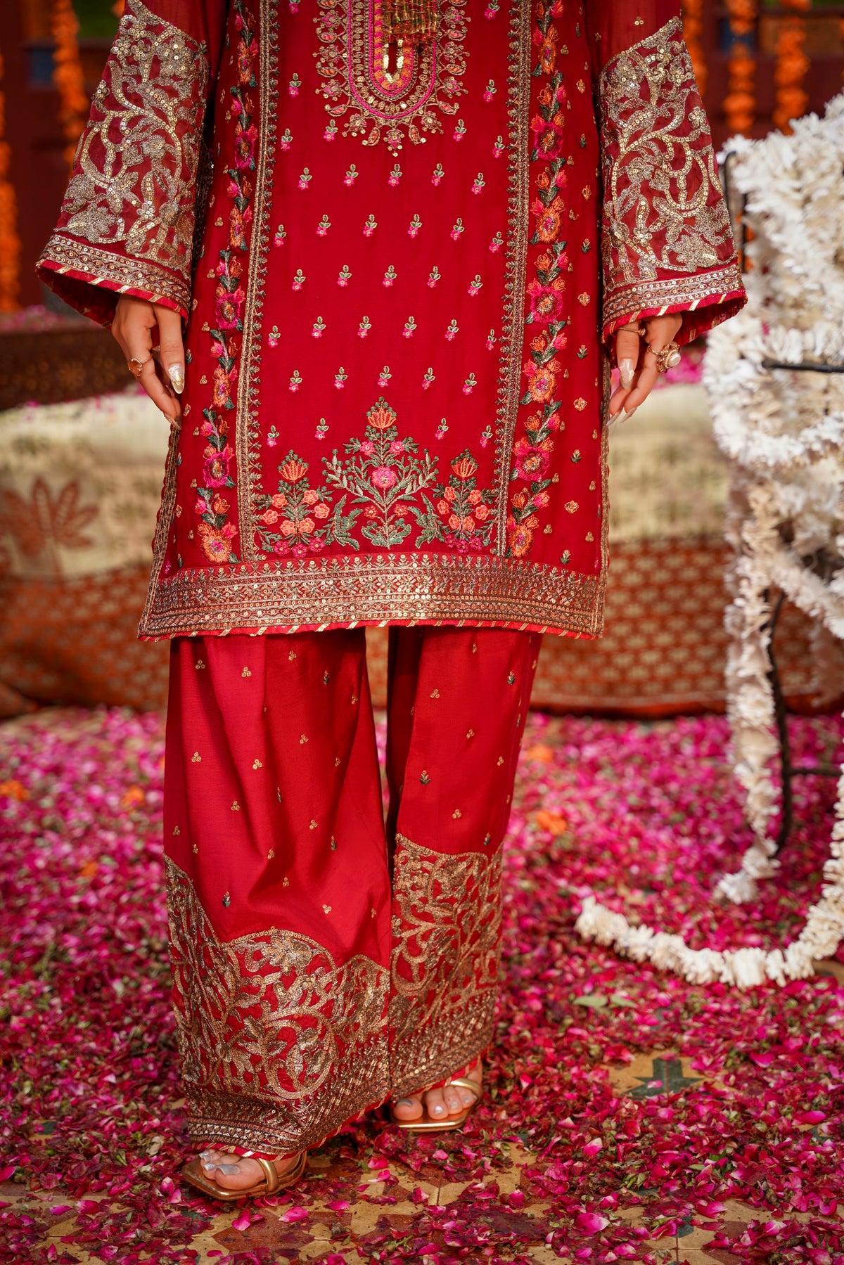 Crimson Red Embroidered Festive Suit with Palazzo