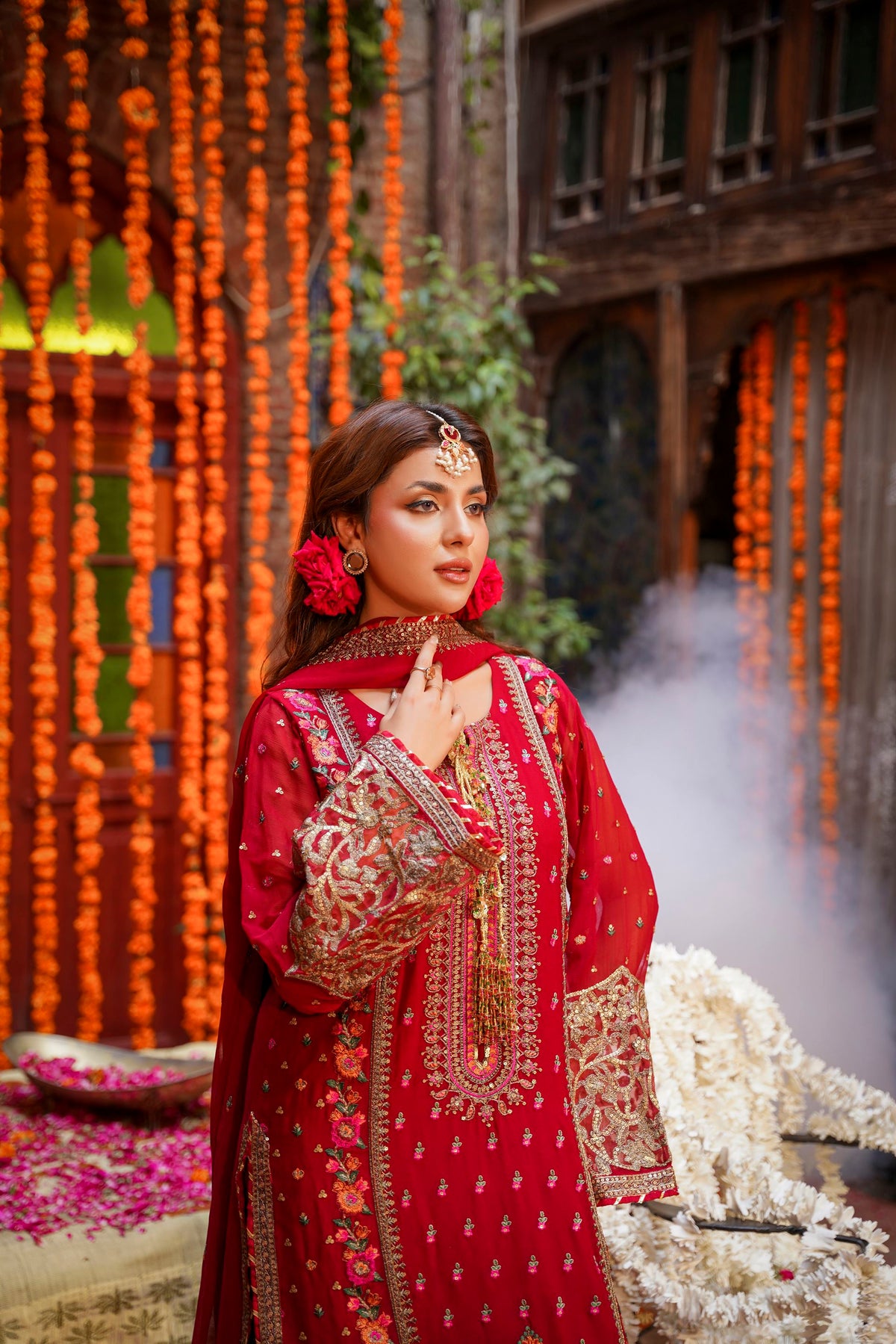 Crimson Red Embroidered Festive Suit with Palazzo