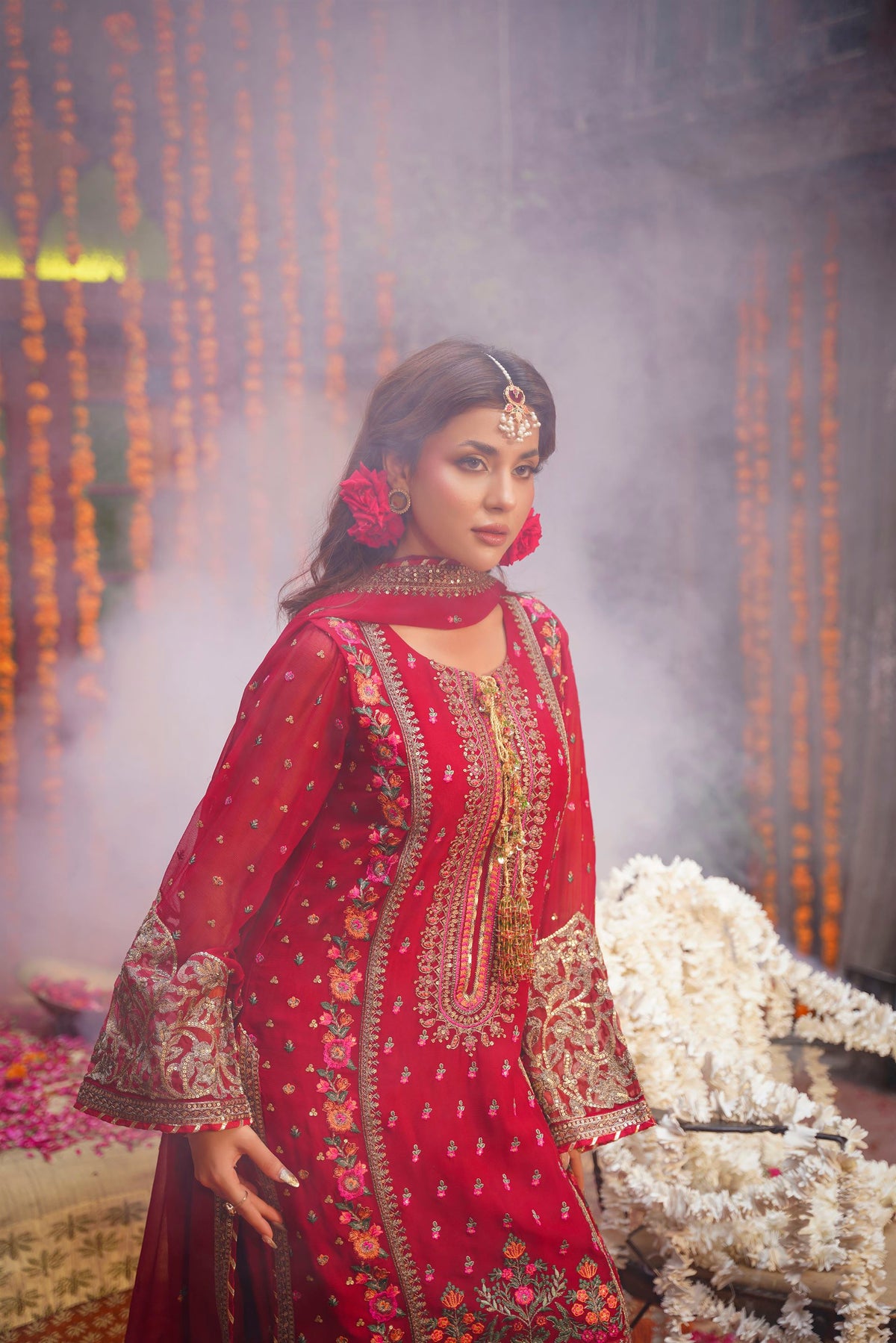 Crimson Red Embroidered Festive Suit with Palazzo