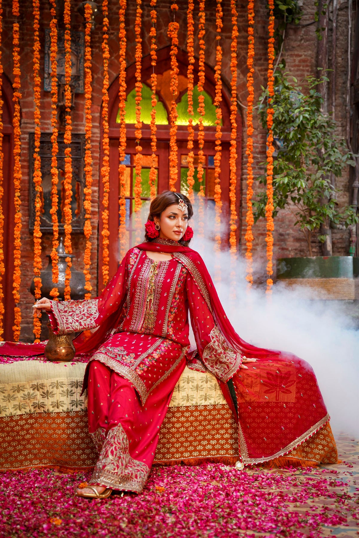 Crimson Red Embroidered Festive Suit with Palazzo