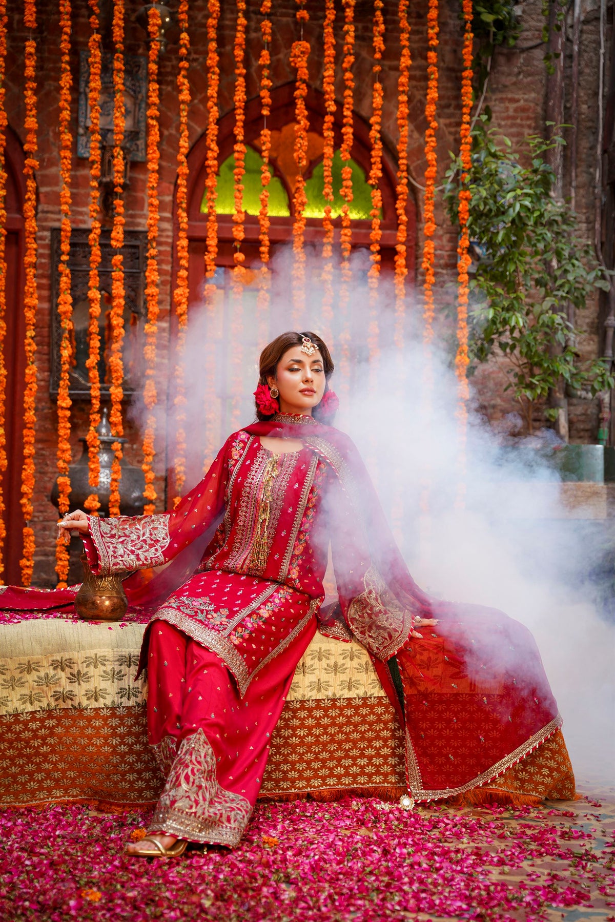 Crimson Red Embroidered Festive Suit with Palazzo