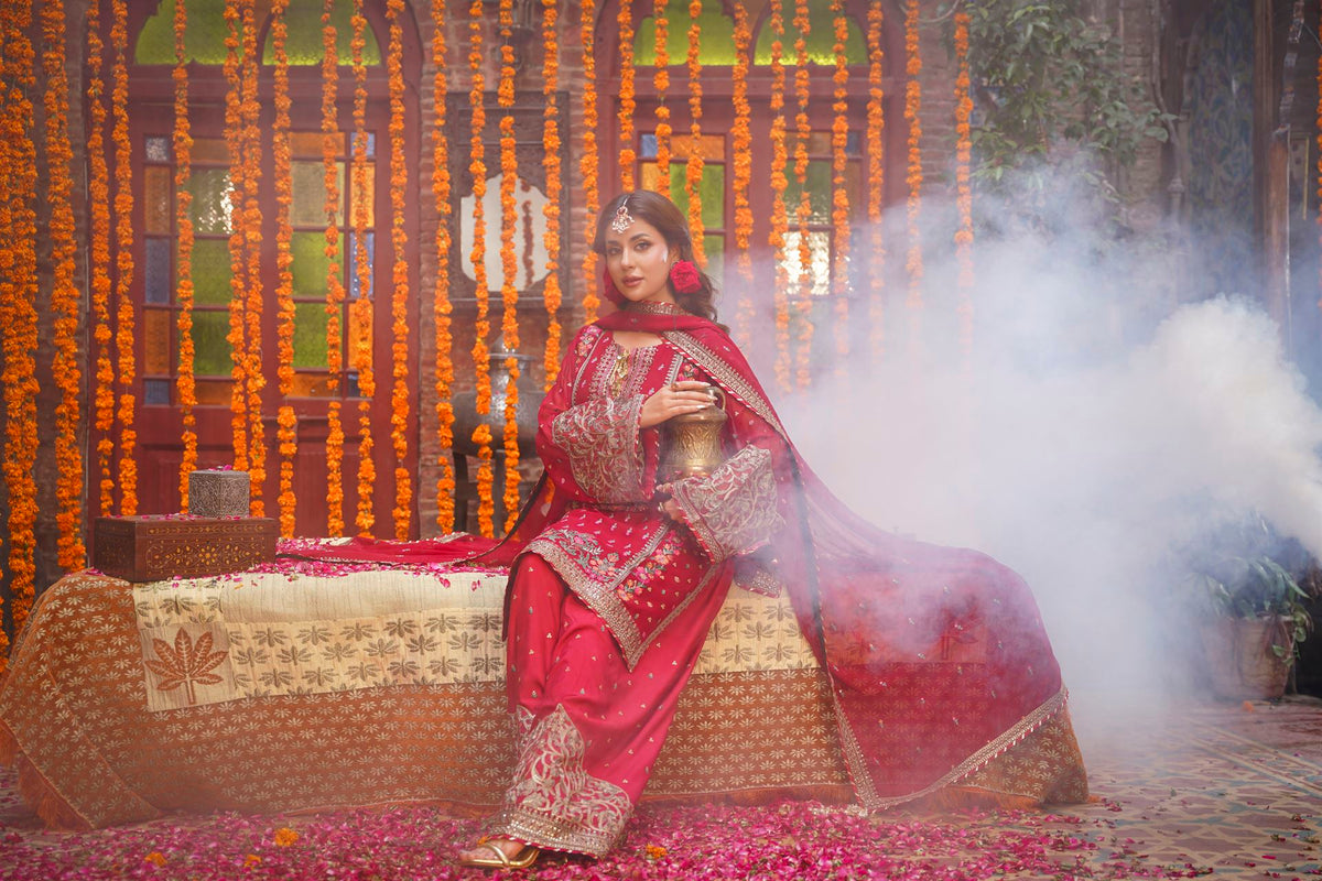 Crimson Red Embroidered Festive Suit with Palazzo