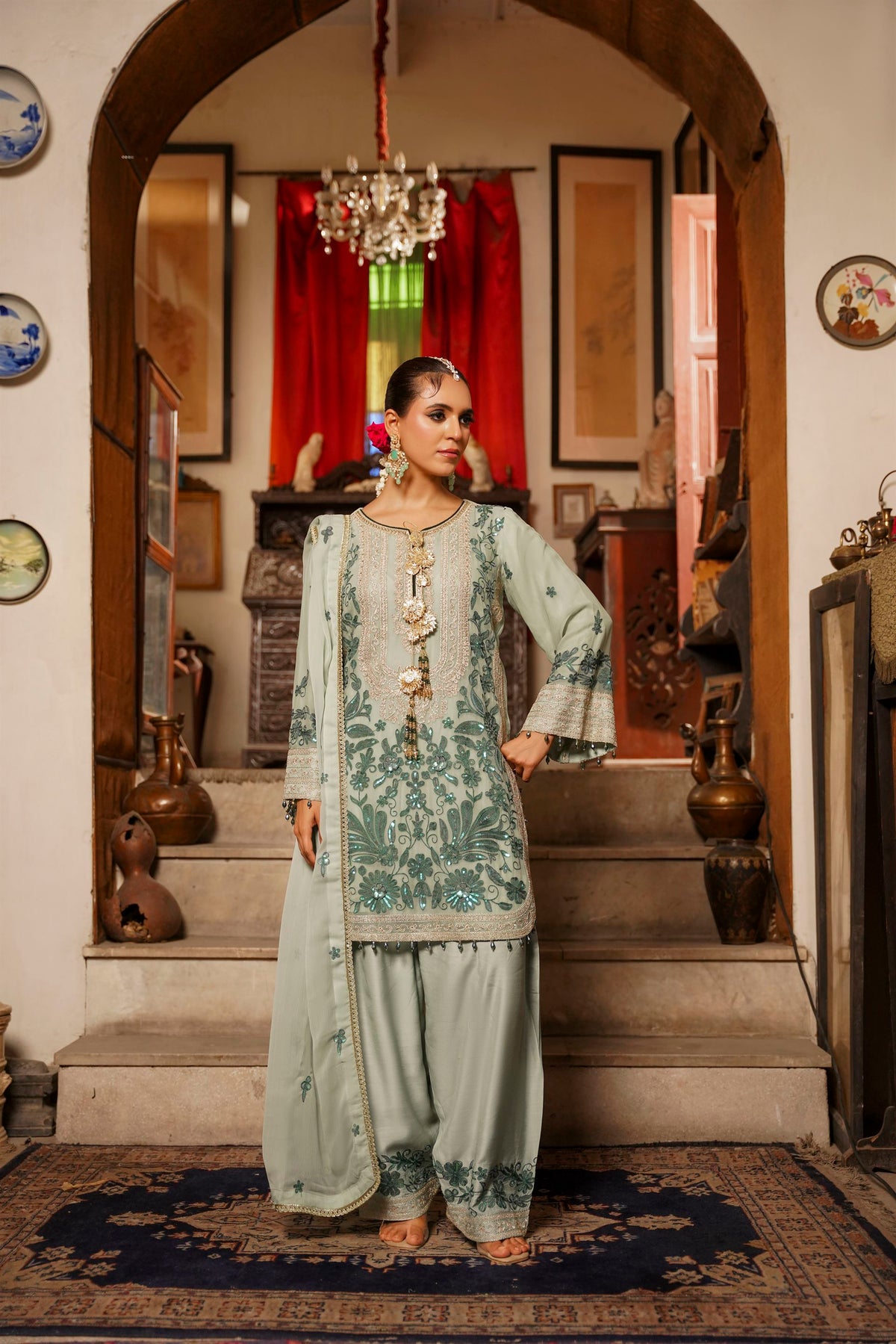 Mint Green Embroidered Festive Suit with  Shalwar