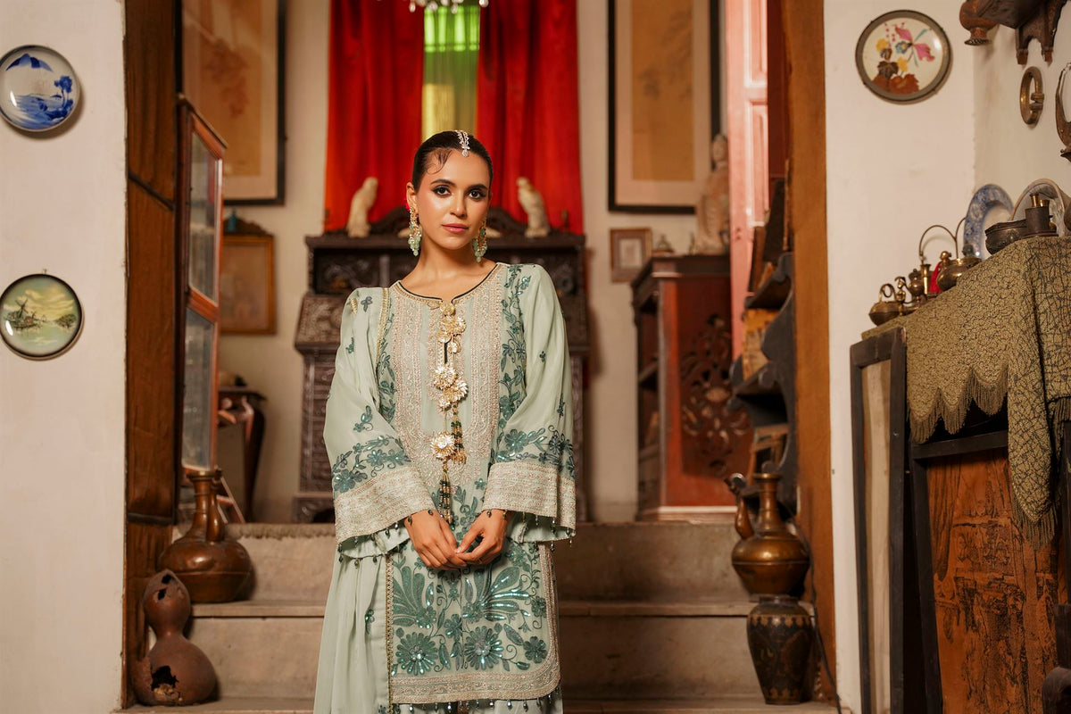 Mint Green Embroidered Festive Suit with  Shalwar