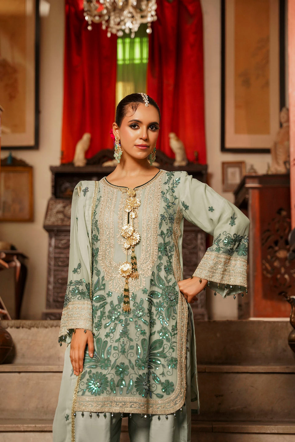 Mint Green Embroidered Festive Suit with  Shalwar