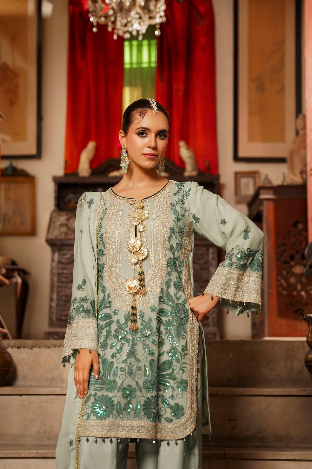 Mint Green Embroidered Festive Suit with  Shalwar