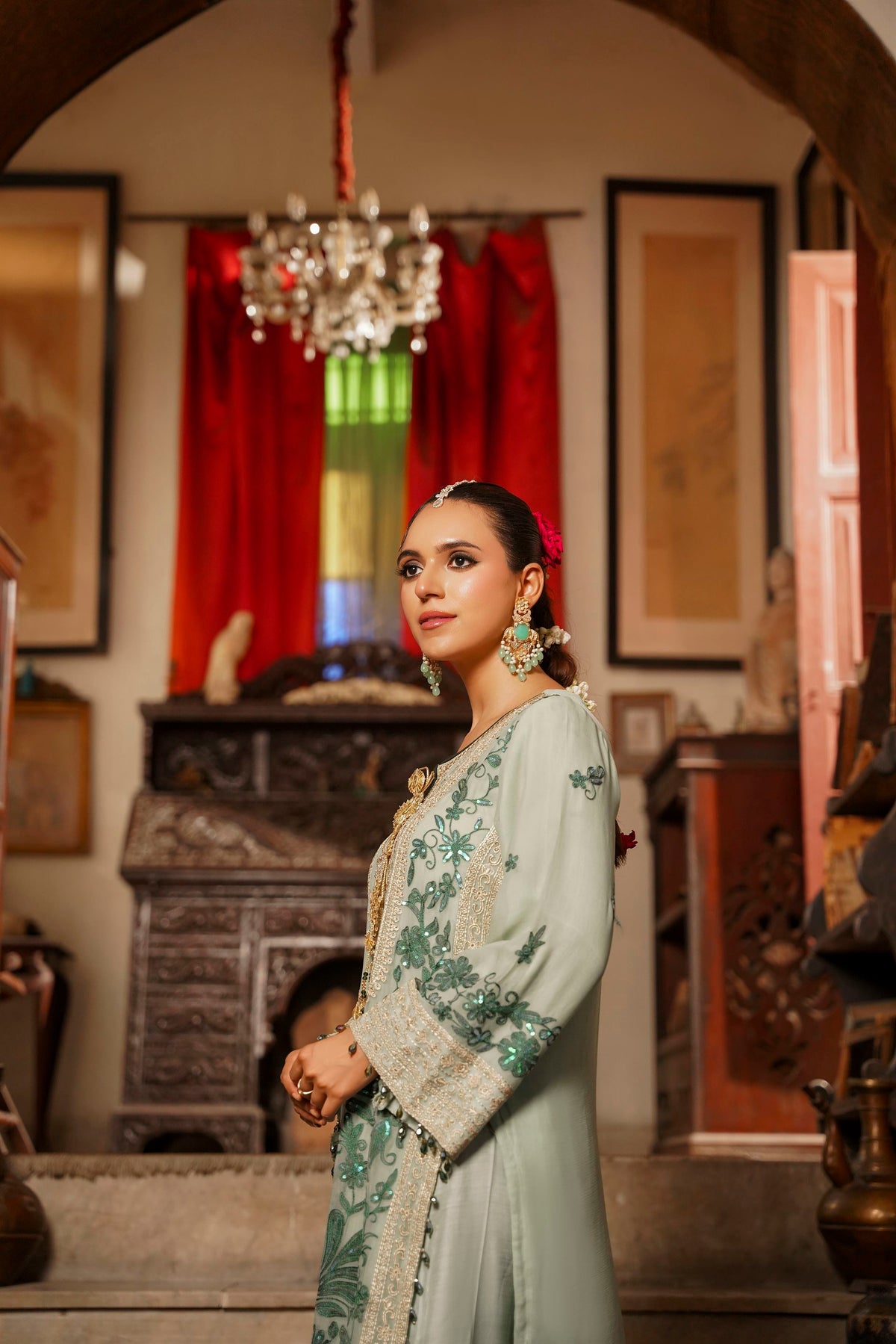 Mint Green Embroidered Festive Suit with  Shalwar