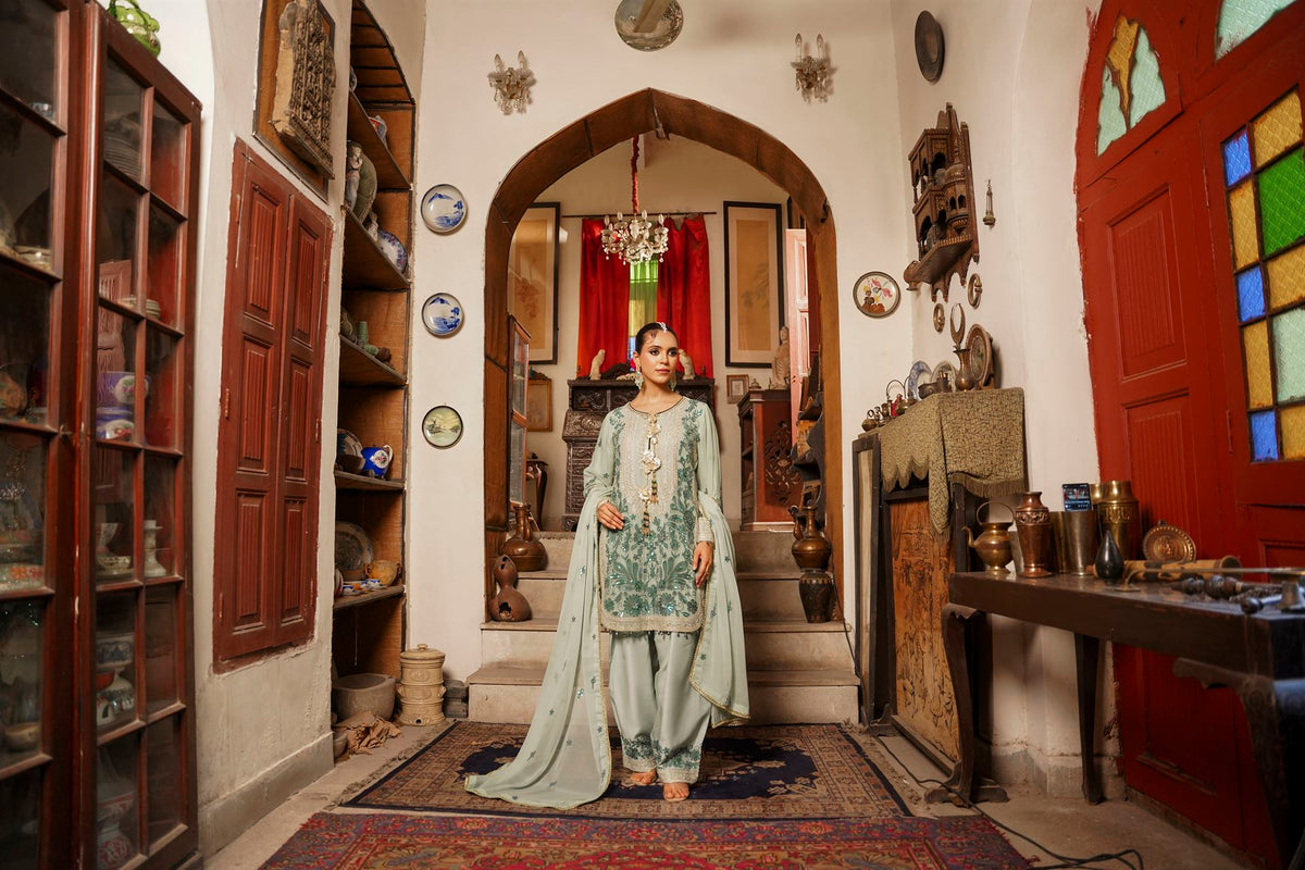 Mint Green Embroidered Festive Suit with  Shalwar