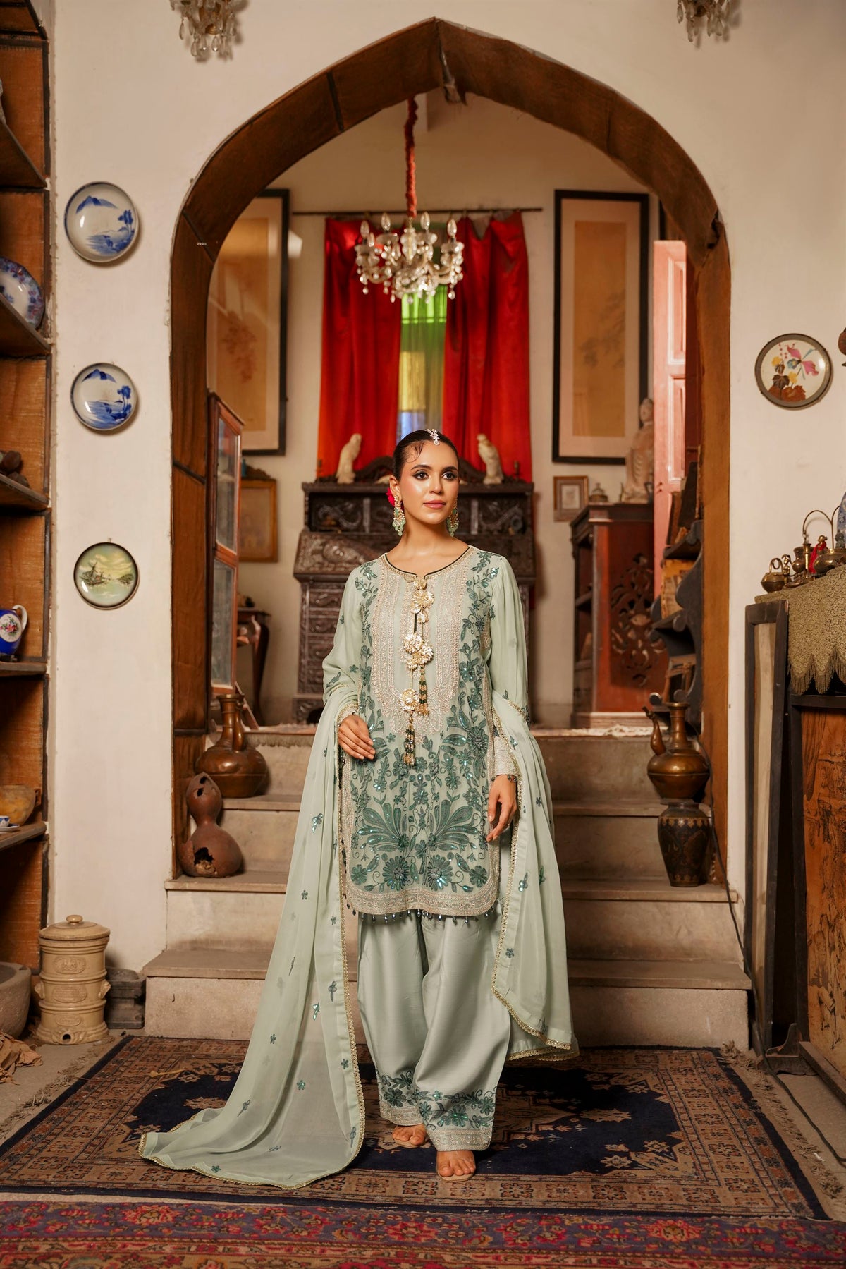 Mint Green Embroidered Festive Suit with  Shalwar
