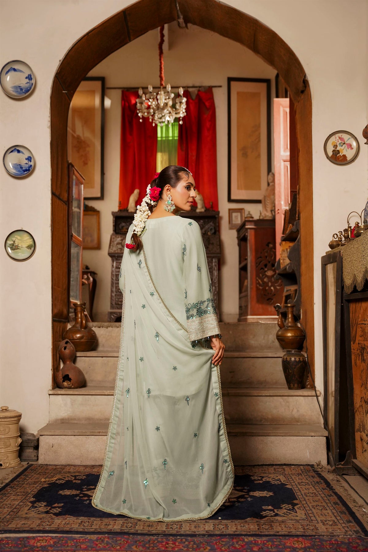 Mint Green Embroidered Festive Suit with  Shalwar